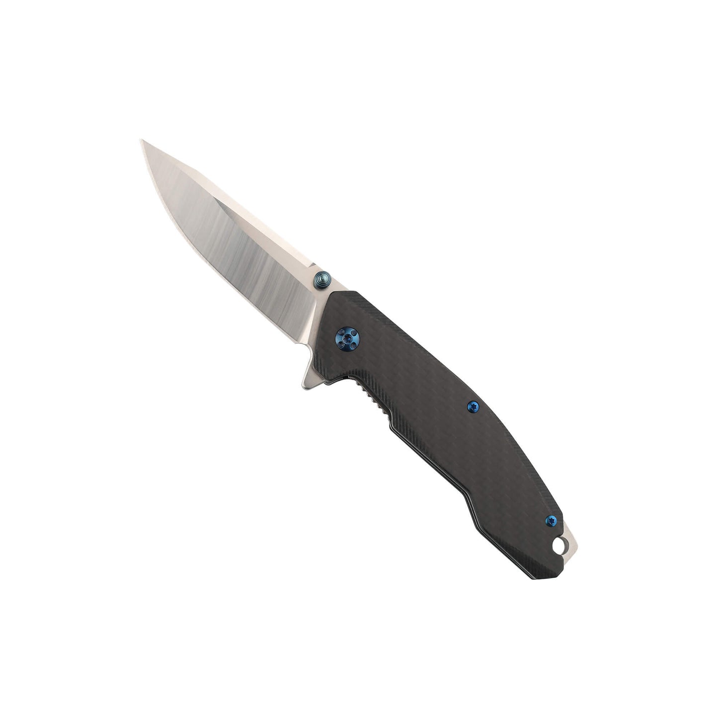 Front of folding EDC knife Bluebell from Mavik Gear 5Cr15MoV with steel drop point folding blade with carbon fiber handle with lanyard hole and glassbreaker