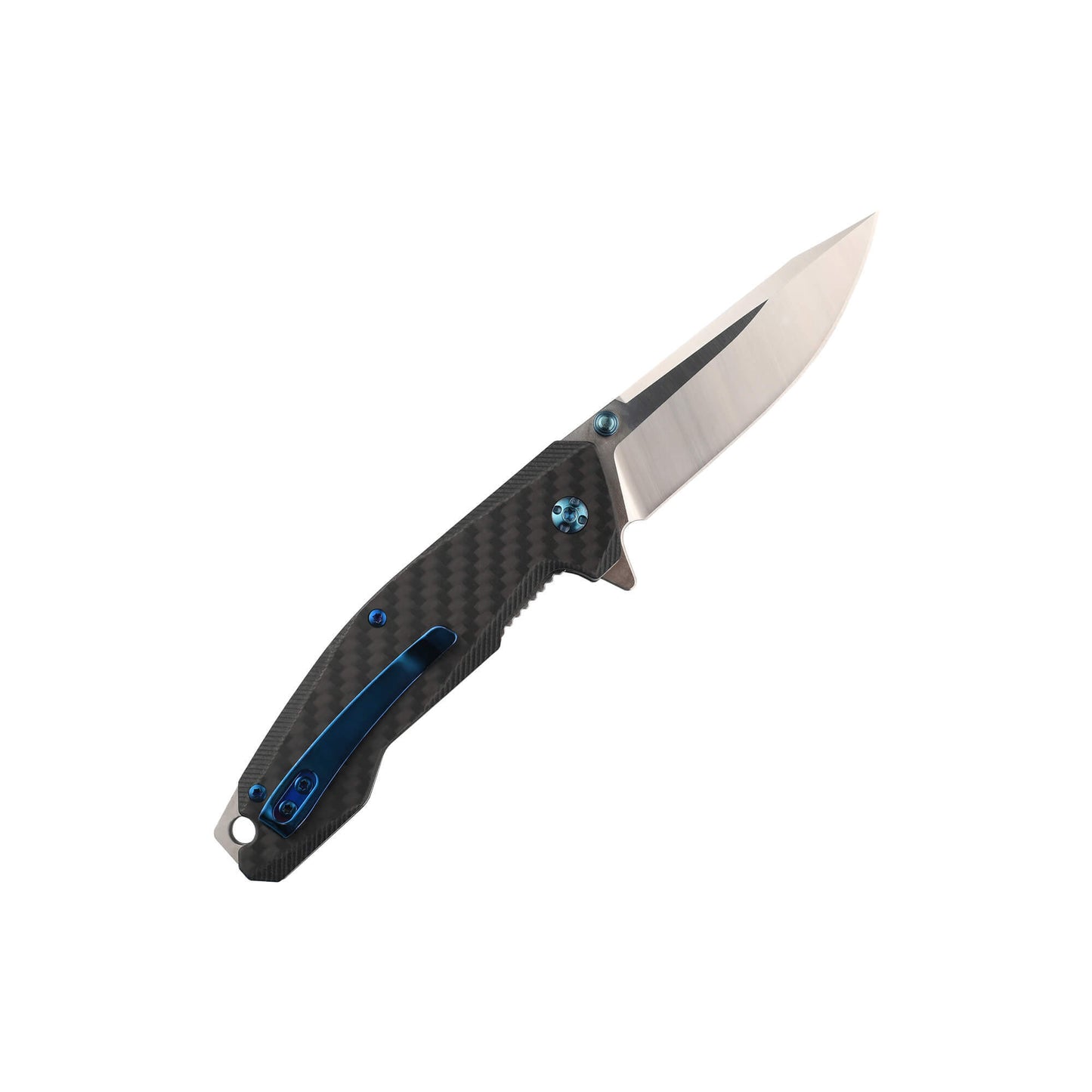 Back of folding EDC knife Bluebell from Mavik Gear 5Cr15MoV with steel drop point folding blade with carbon fiber handle with pocket clip lanyard hole and glassbreaker