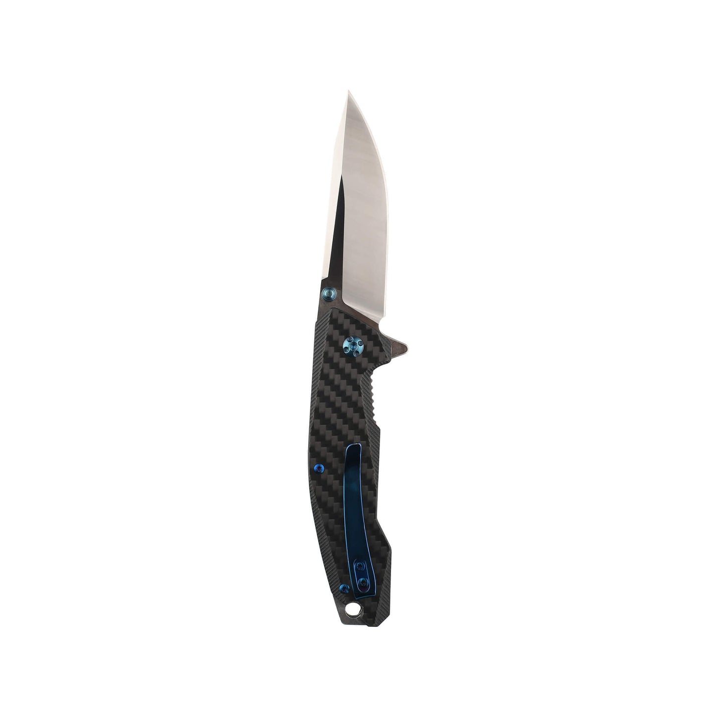 Back of folding EDC knife Bluebell from Mavik Gear 5Cr15MoV with steel drop point folding blade with carbon fiber handle with pocket clip lanyard hole and glassbreaker