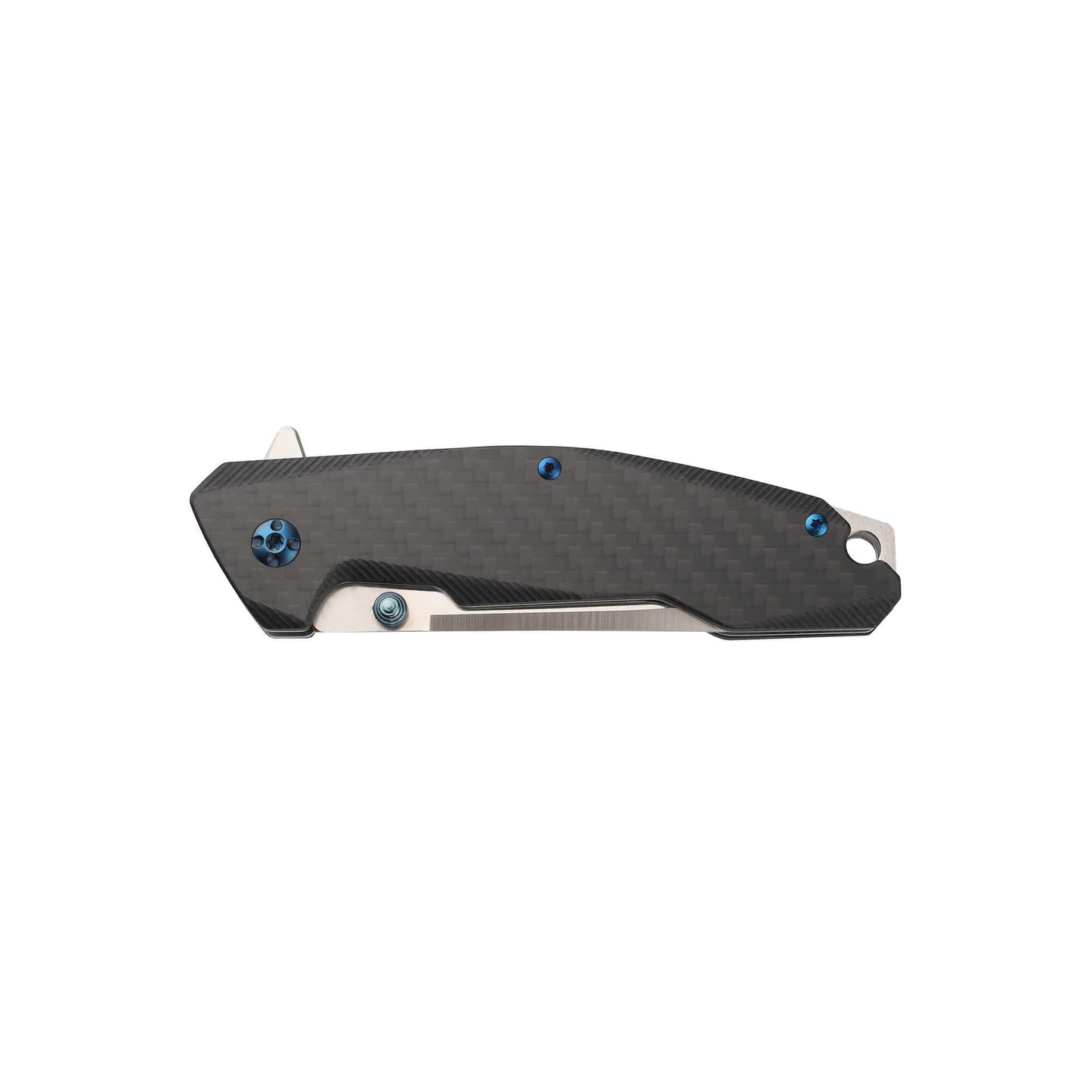 Front of folded EDC knife Bluebell from Mavik Gear 5Cr15MoV with steel drop point folding blade with carbon fiber handle with lanyard hole and glassbreaker