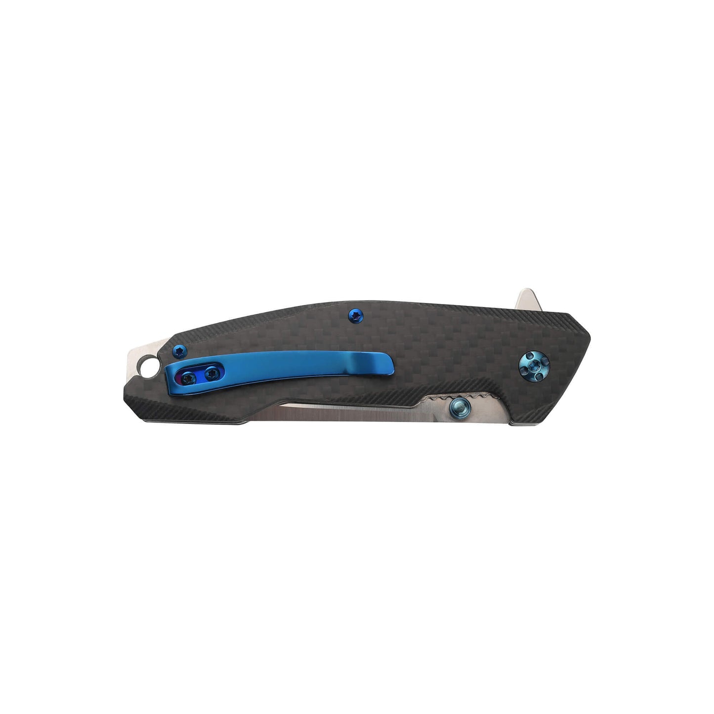 Back of folded EDC knife Bluebell from Mavik Gear 5Cr15MoV with steel drop point folding blade with carbon fiber handle pocket clip lanyard hole and glassbreaker