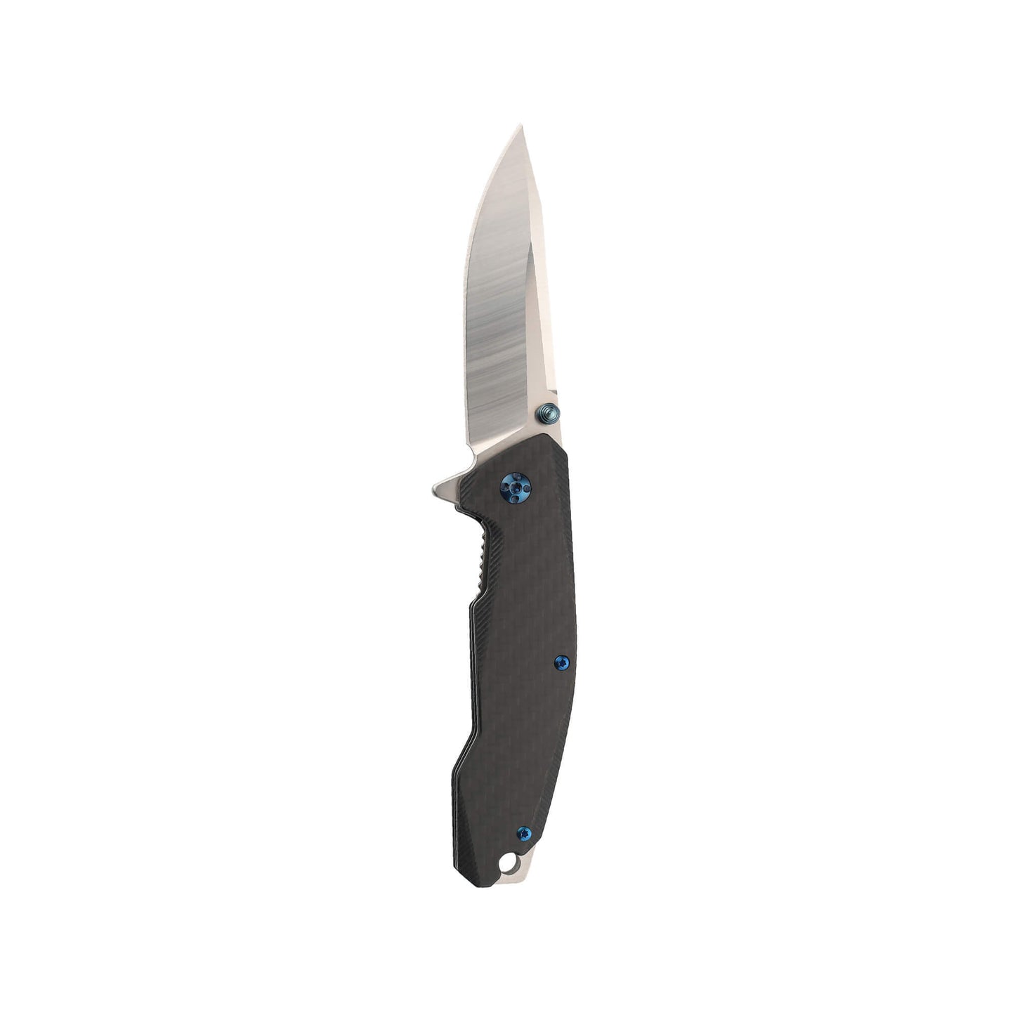 Front of folding EDC knife Bluebell from Mavik Gear 5Cr15MoV with steel drop point folding blade with carbon fiber handle with lanyard hole and glassbreaker