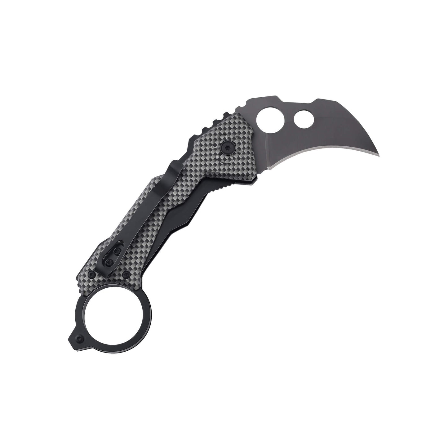 Back of folding EDC knife Klaw from Mavik Gear 5Cr15MoV steel Karambit folding blade with carbon fiber handle 