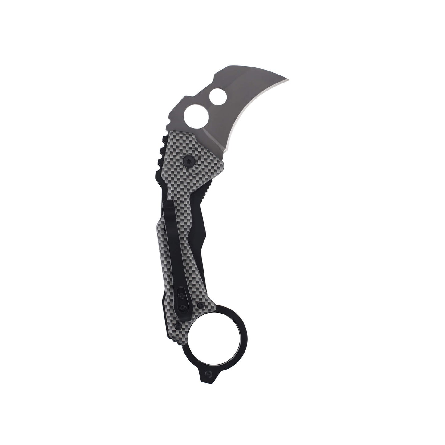 Back of folding EDC knife Klaw from Mavik Gear 5Cr15MoV steel Karambit folding blade with carbon fiber handle 