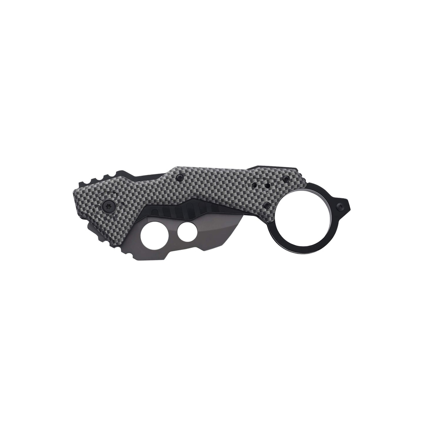 front of folded EDC knife Klaw from Mavik Gear 5Cr15MoV steel Karambit folding blade with carbon fiber handle 