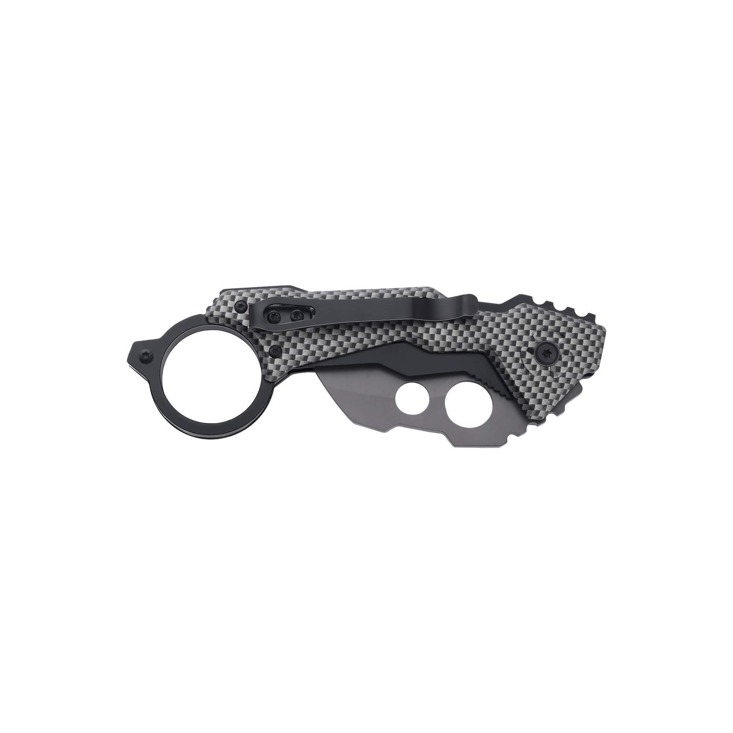 Back of folded EDC knife Klaw from Mavik Gear 5Cr15MoV steel Karambit folding blade with carbon fiber handle 