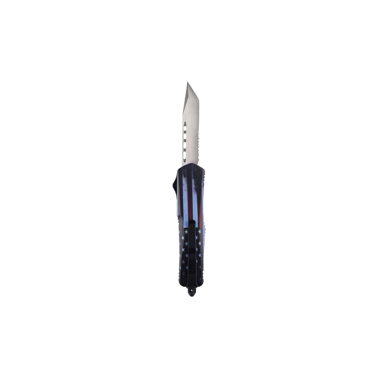 Freedom1776 American Flag dual-action OTF knife with an American Tanto serrated blade, pocket clip, and a glass breaker.