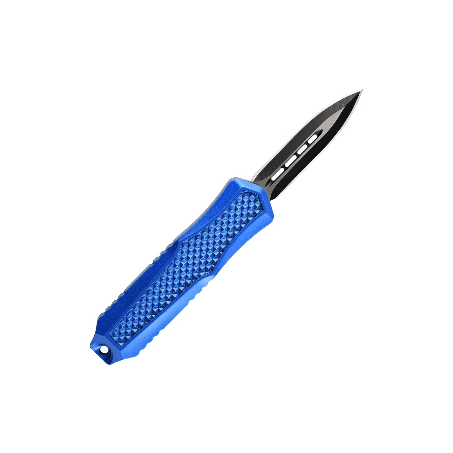 Blue Automatic OTF knife Relik from Mavik Gear with spear point blade, Zinc alloy handle, button lock and lanyard hole.