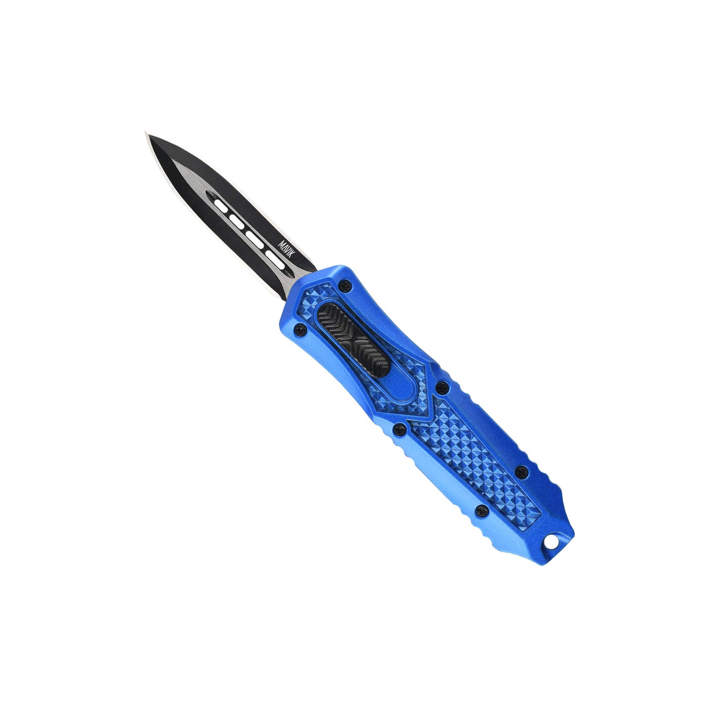 Blue Automatic OTF knife Relik from Mavik Gear with spear point blade, Zinc alloy handle, button lock and lanyard hole.
