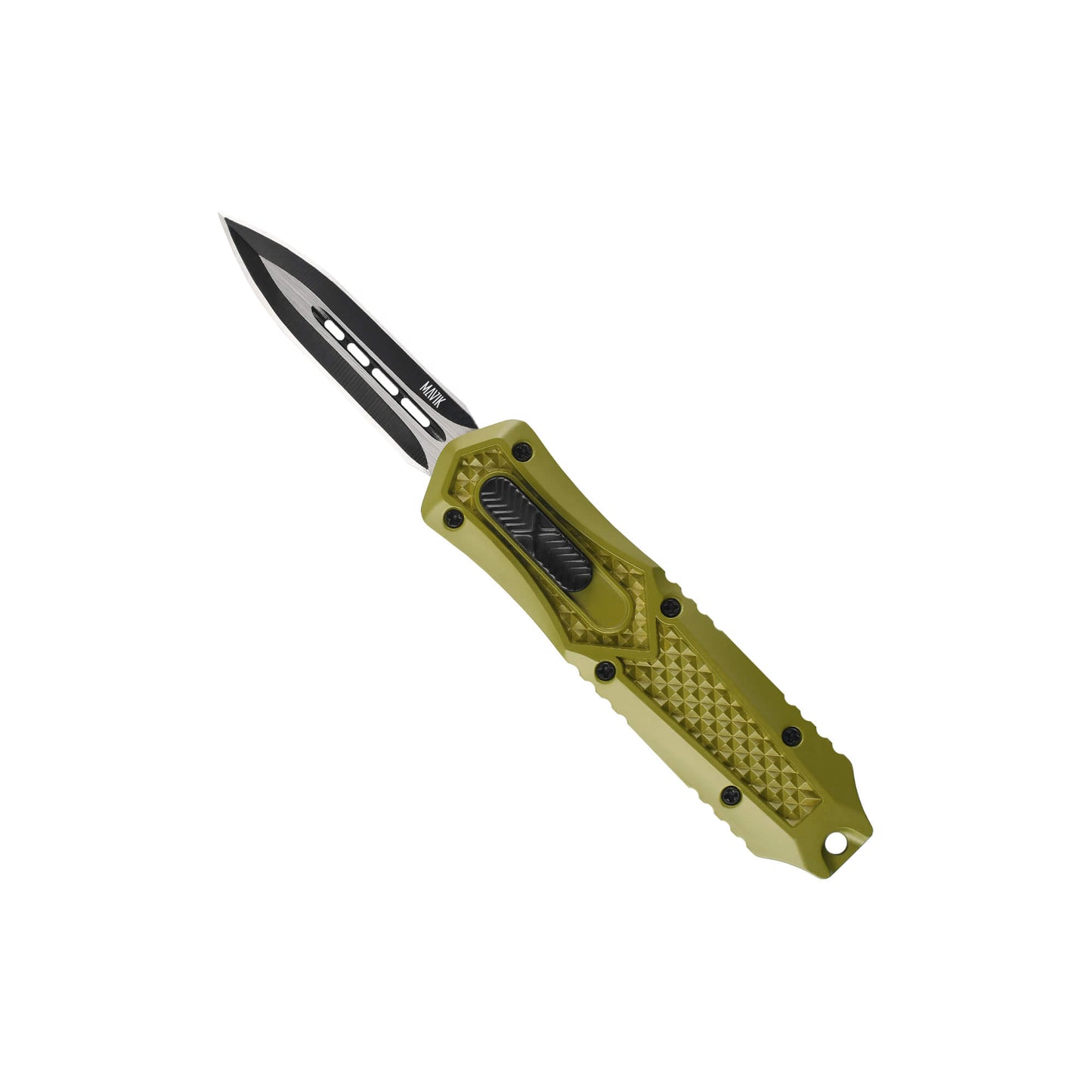 Green Automatic OTF knife Relik from Mavik Gear with spear point blade, Zinc alloy handle, button lock and lanyard hole.