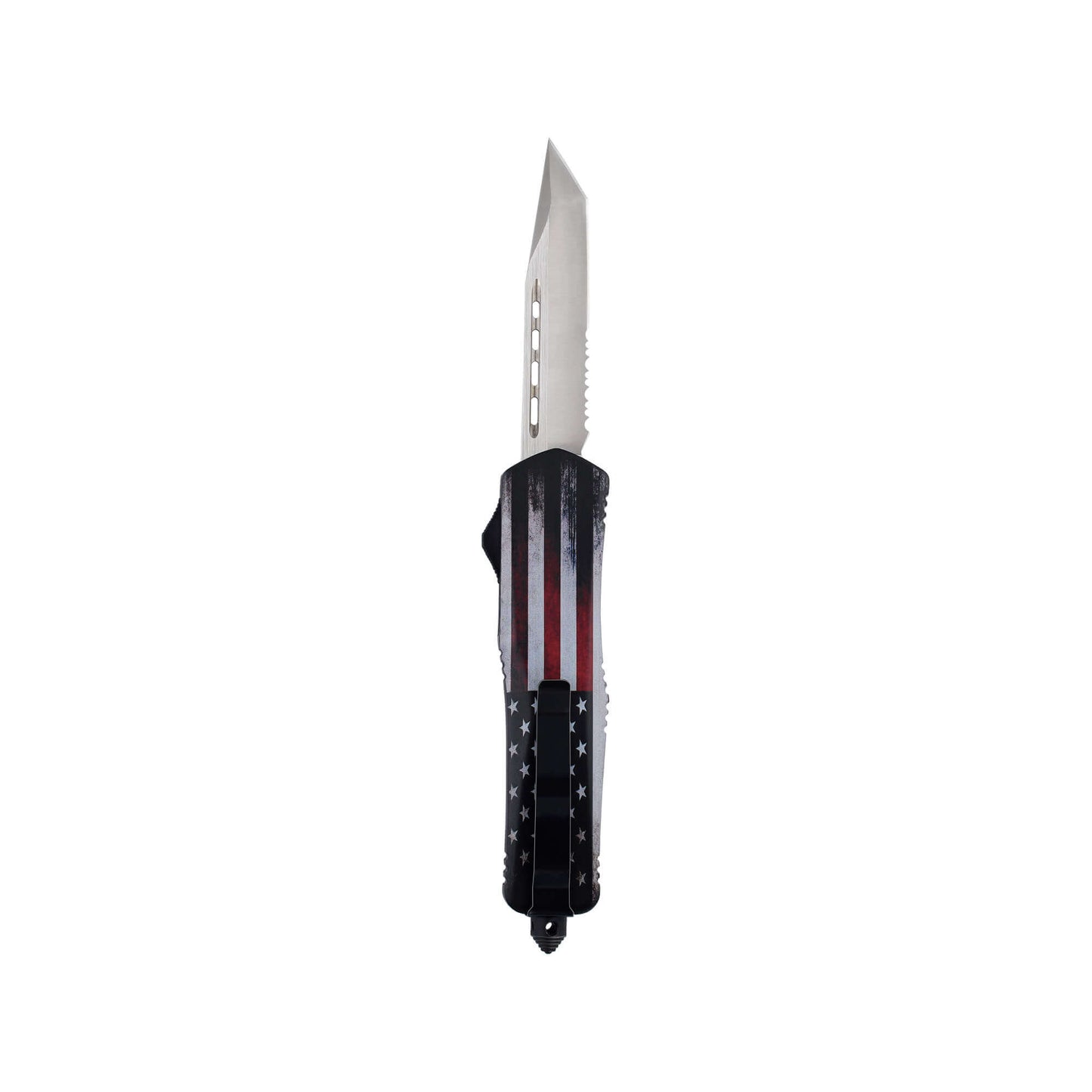 Freedom1776 American Flag dual-action OTF knife with an American Tanto serrated blade, pocket clip, and a glass breaker.