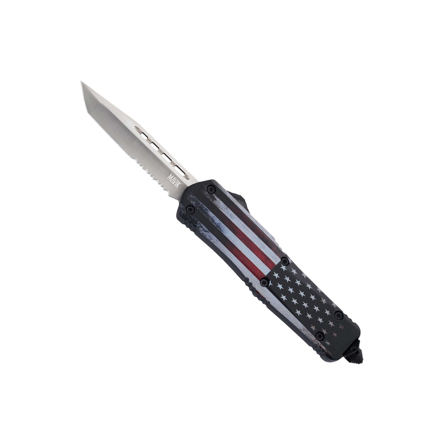 Freedom1776 American Flag dual-action OTF knife with an American Tanto serrated blade, pocket clip, and a glass breaker.