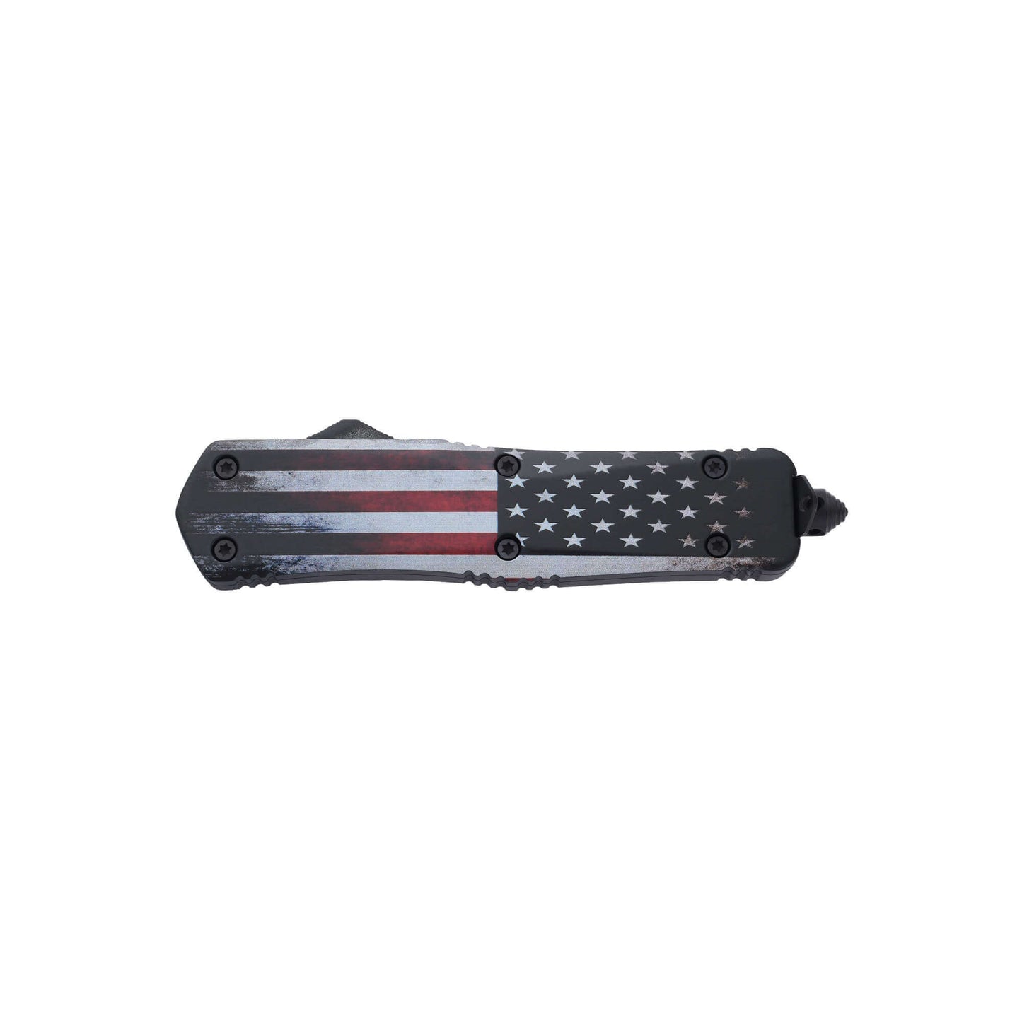 Freedom1776 American Flag dual-action OTF knife with an American Tanto serrated blade, pocket clip, and a glass breaker.