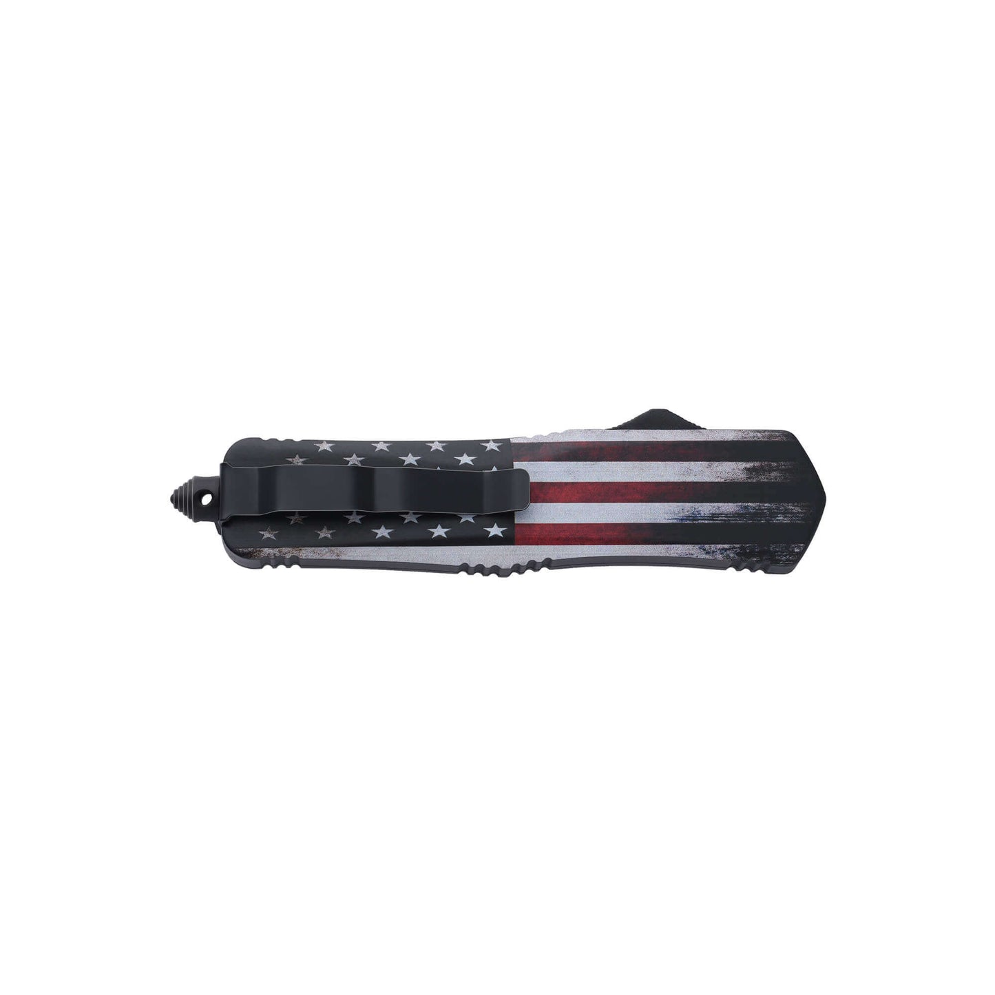 Freedom1776 American Flag dual-action OTF knife with an American Tanto serrated blade, pocket clip, and a glass breaker.