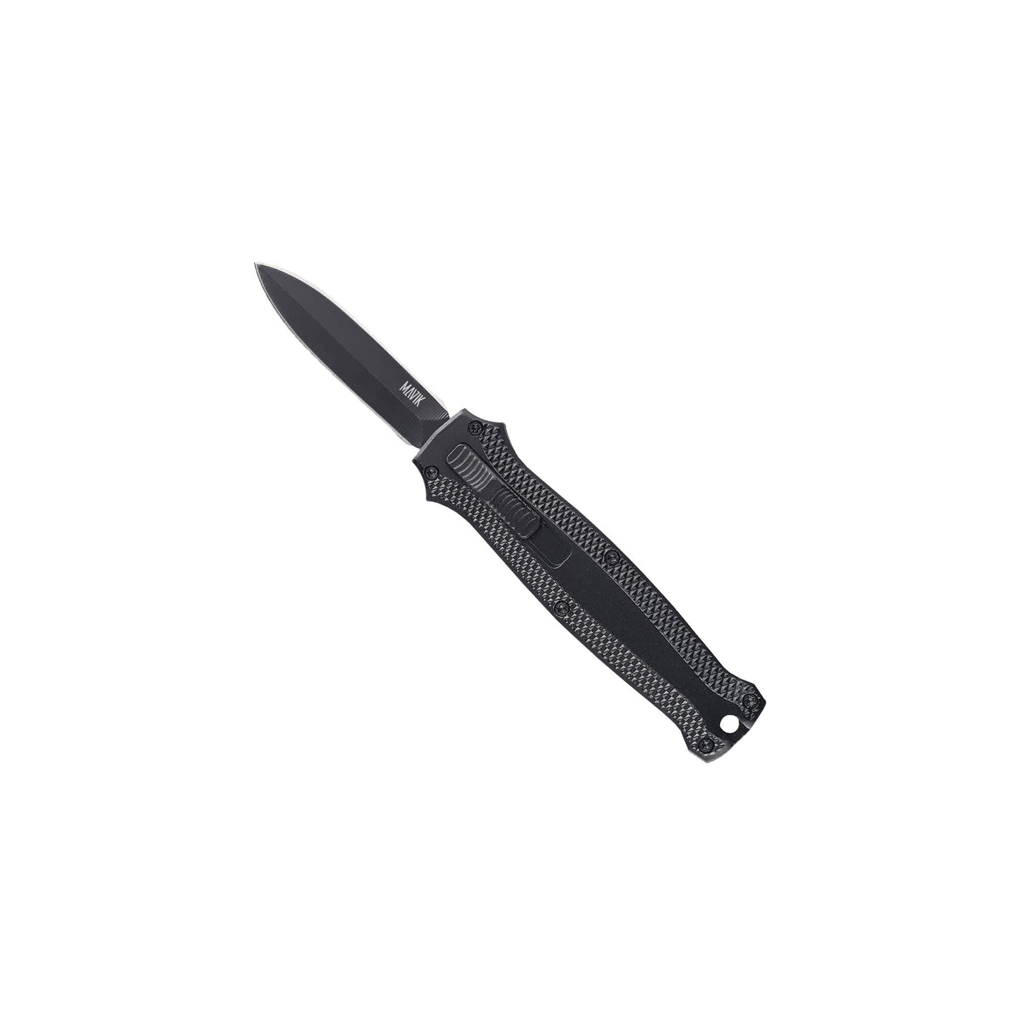 Glimmer mini OTF knife with dual-action, double-edge dagger blade and textured Aluminum Alloy handle for secure grip.