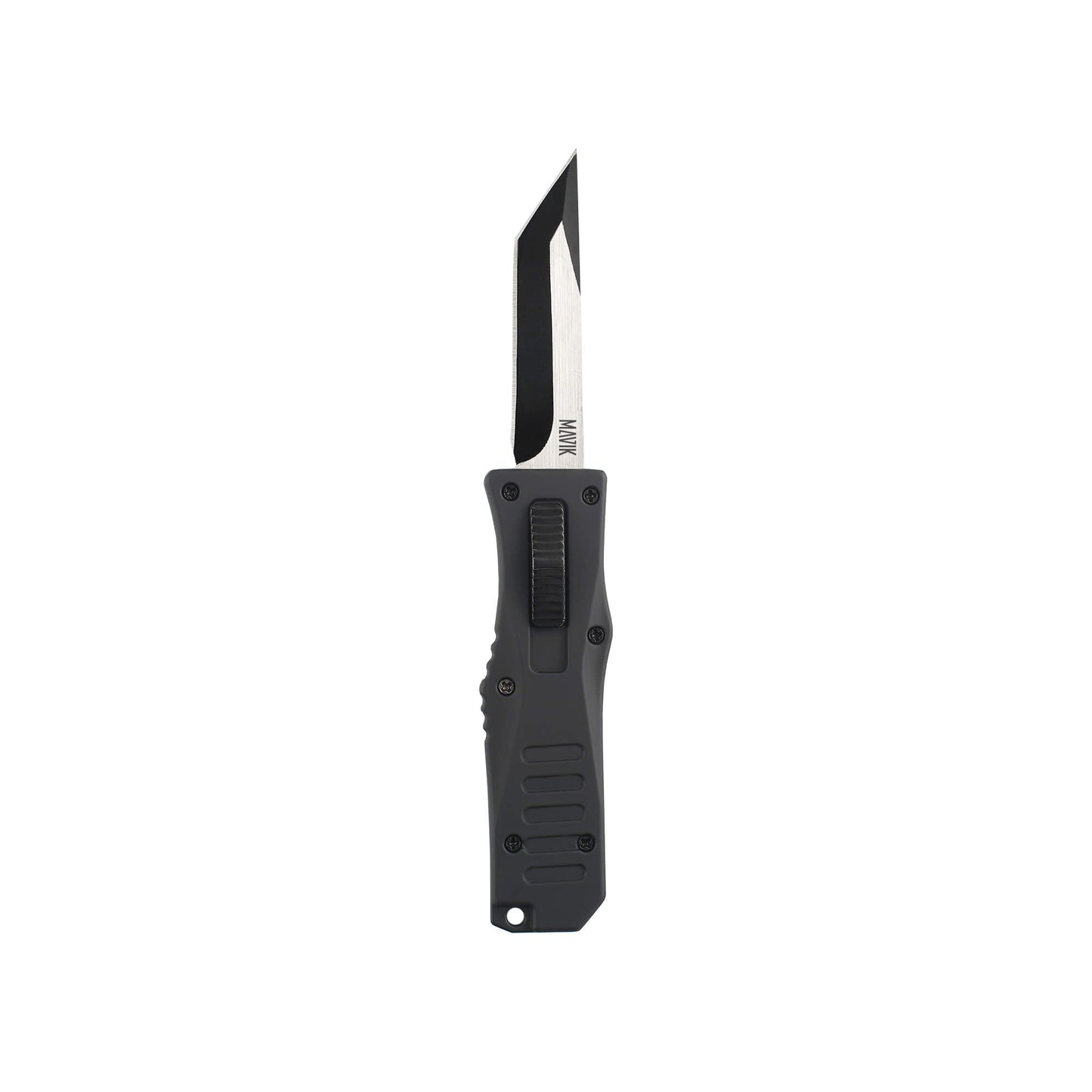 Black Automatic OTF knife Rabid from Mavik Gear with american tanto blade, Zinc alloy handle, button lock and lanyard hole.