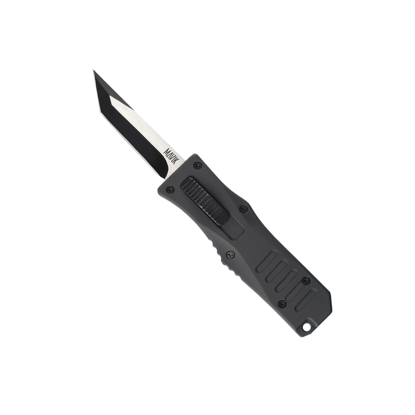 Black Automatic OTF knife Rabid from Mavik Gear with american tanto blade, Zinc alloy handle, button lock and lanyard hole.