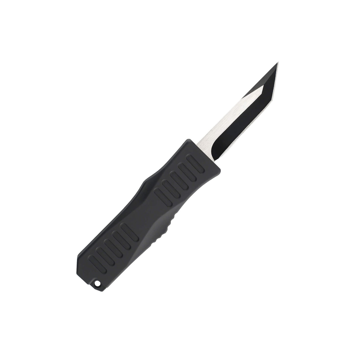 Black Automatic OTF knife Rabid from Mavik Gear with american tanto blade, Zinc alloy handle, button lock and lanyard hole.