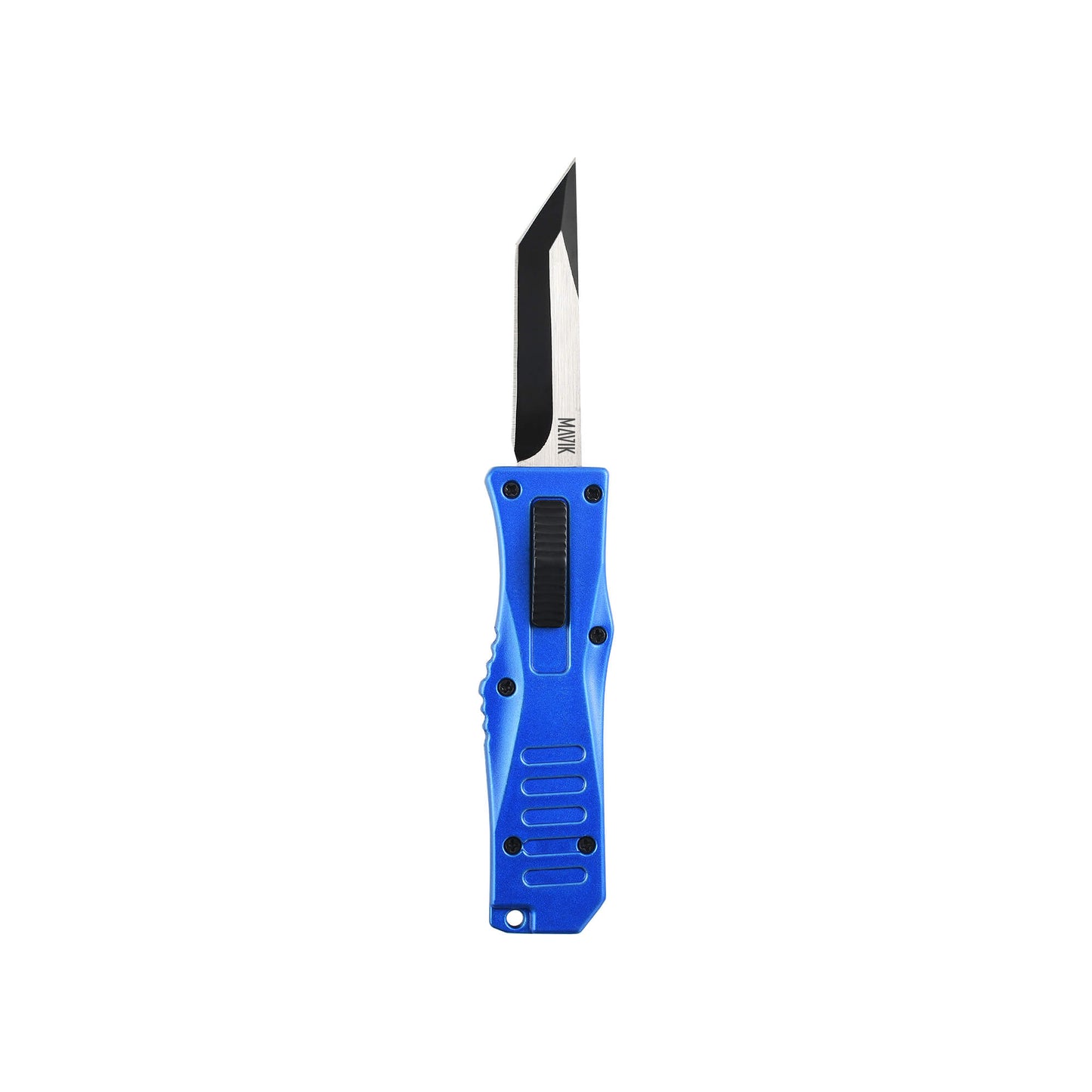 Blue Automatic OTF knife Rabid from Mavik Gear with american tanto blade, Zinc alloy handle, button lock and lanyard hole.