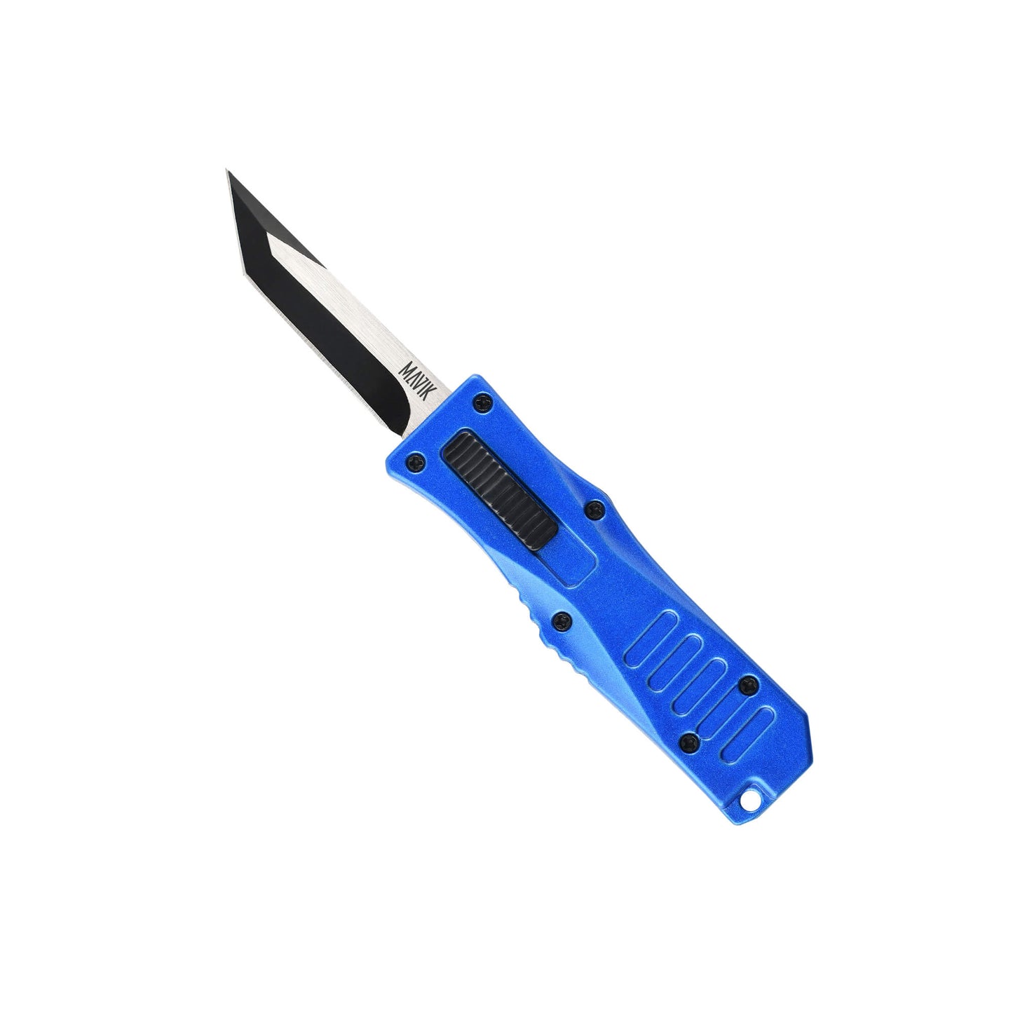 Blue Automatic OTF knife Rabid from Mavik Gear with american tanto blade, Zinc alloy handle, button lock and lanyard hole.