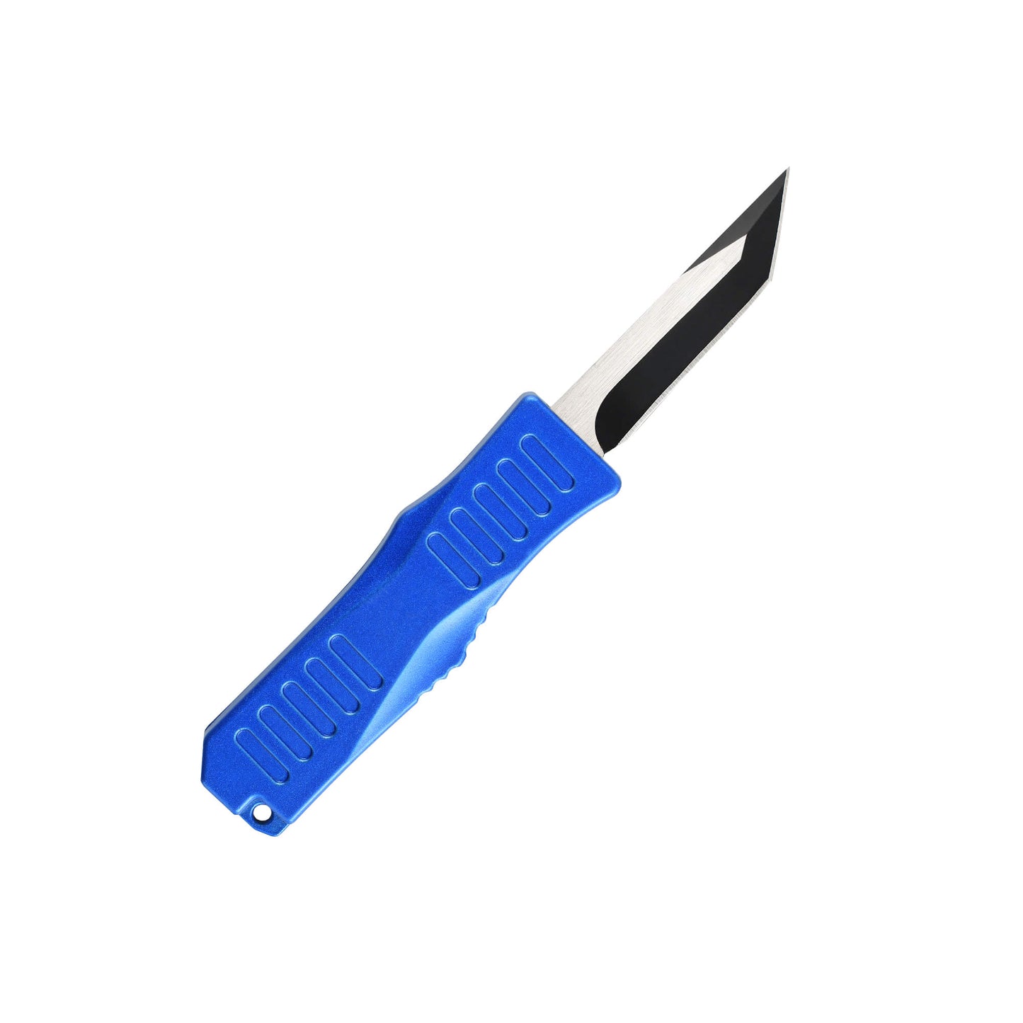 Blue Automatic OTF knife Rabid from Mavik Gear with american tanto blade, Zinc alloy handle, button lock and lanyard hole.