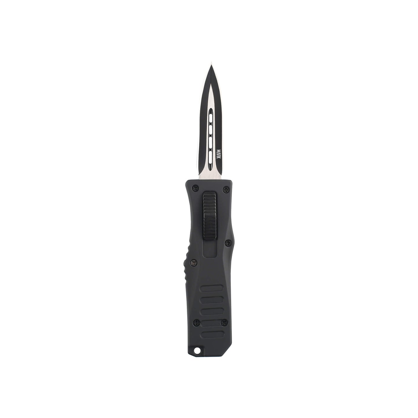 Black Automatic OTF knife Rabid from Mavik Gear with spear point blade, Zinc alloy handle, button lock and lanyard hole.