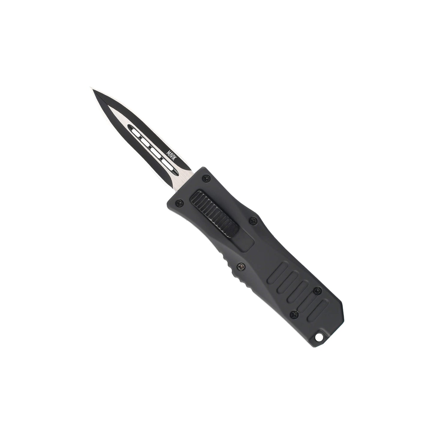 Black Automatic OTF knife Rabid from Mavik Gear with spear point blade, Zinc alloy handle, button lock and lanyard hole.