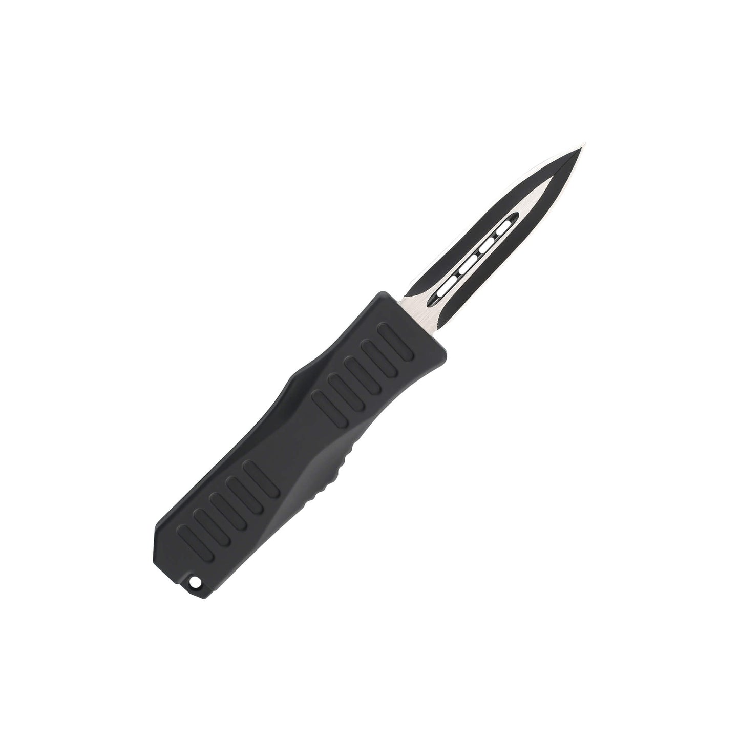 Black Automatic OTF knife Rabid from Mavik Gear with spear point blade, Zinc alloy handle, button lock and lanyard hole.