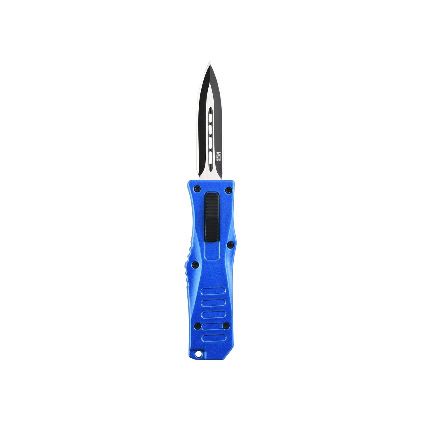 Blue Automatic OTF knife Rabid from Mavik Gear with spear point blade, Zinc alloy handle, button lock and lanyard hole.