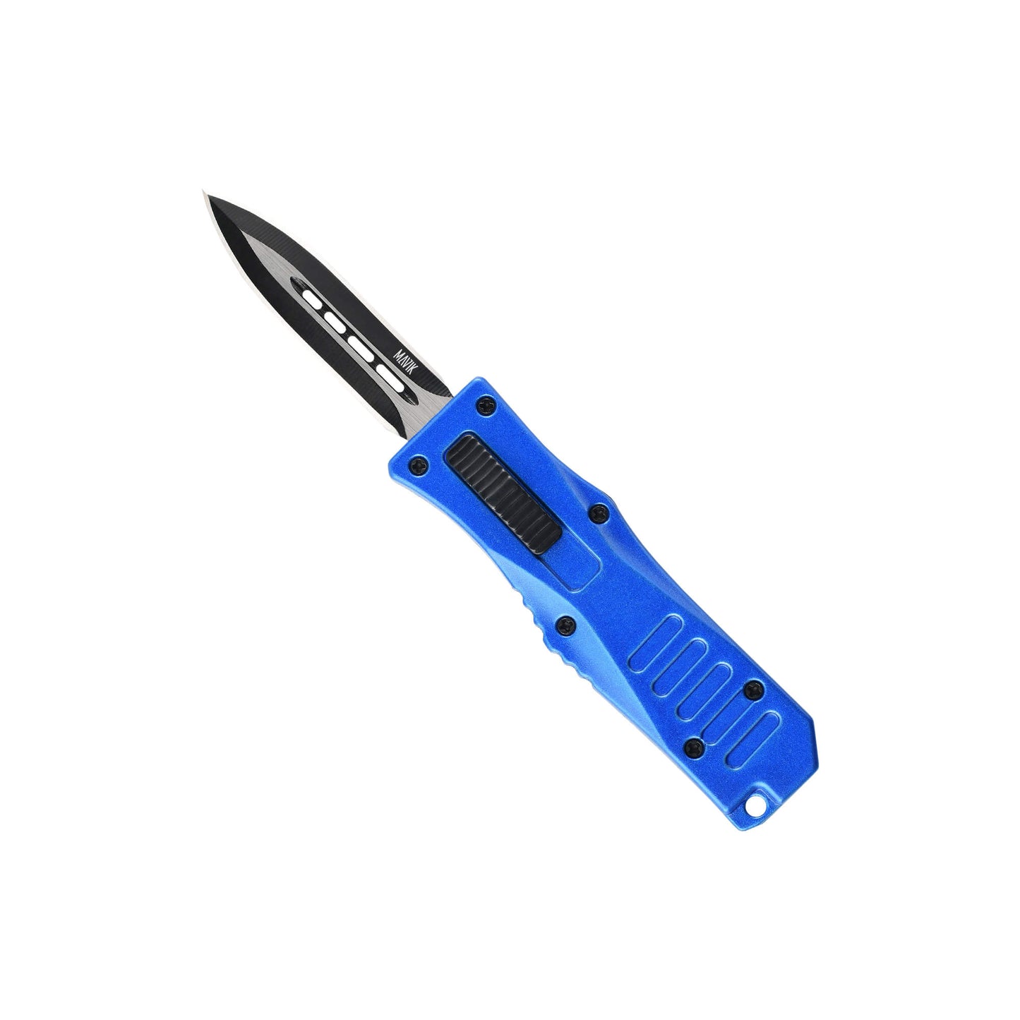 Blue Automatic OTF knife Rabid from Mavik Gear with spear point blade, Zinc alloy handle, button lock and lanyard hole.