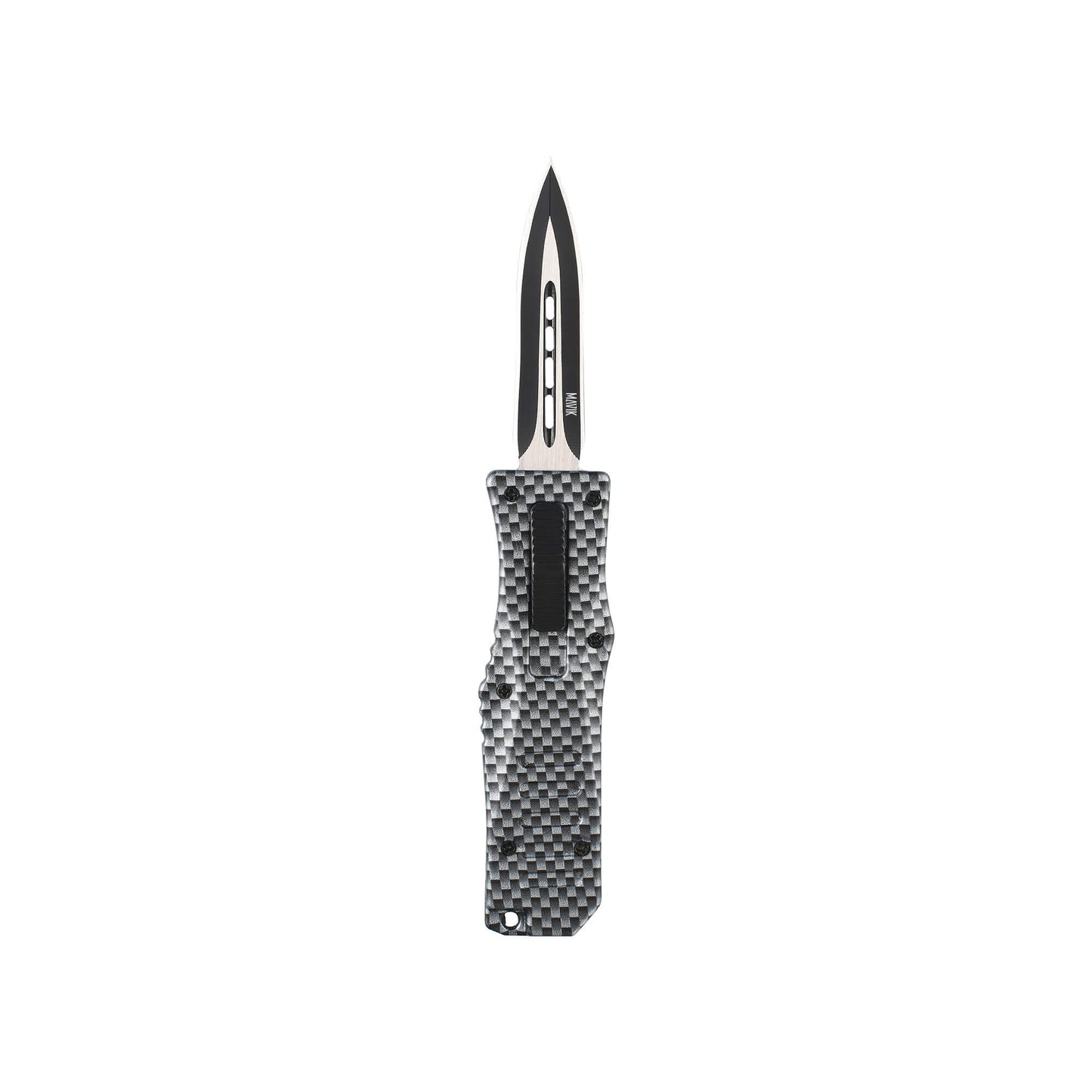           Carbon Automatic OTF knife Rabid from Mavik Gear with spear point blade, Zinc alloy handle, button lock and lanyard hole.