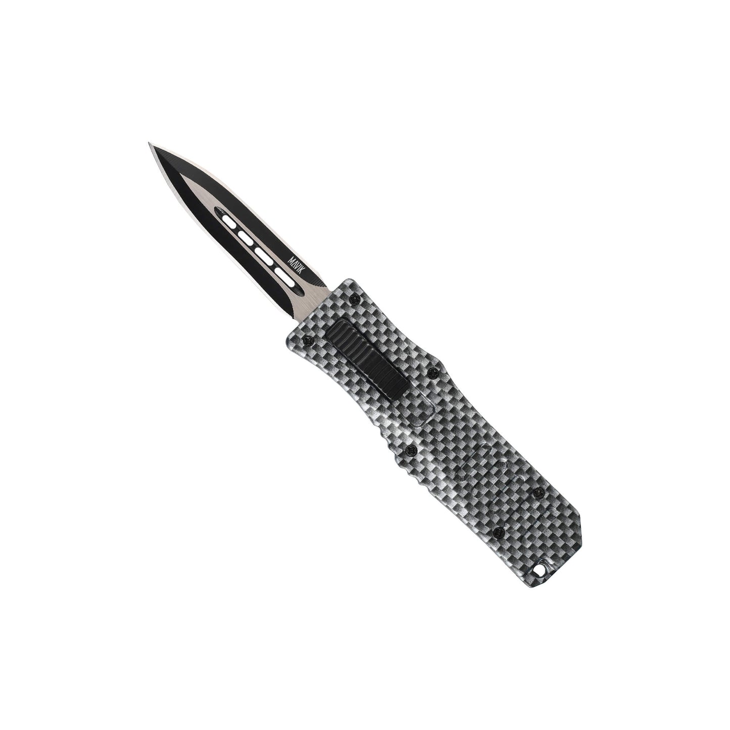           Carbon Automatic OTF knife Rabid from Mavik Gear with spear point blade, Zinc alloy handle, button lock and lanyard hole.