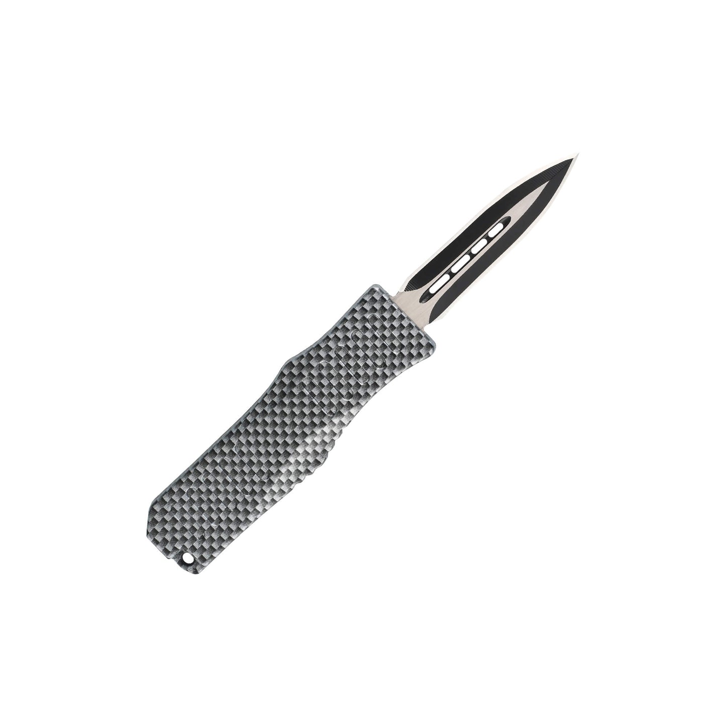           Carbon Automatic OTF knife Rabid from Mavik Gear with spear point blade, Zinc alloy handle, button lock and lanyard hole.