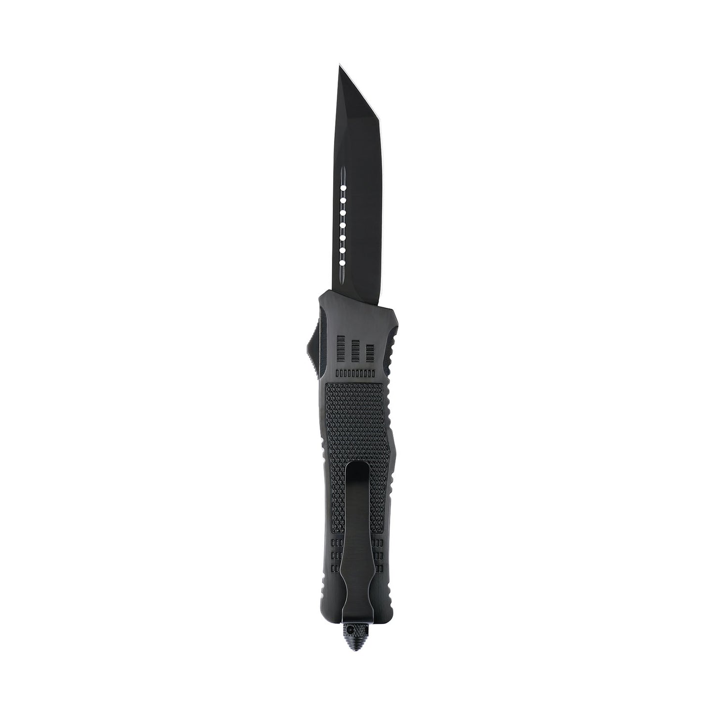 Raider large OTF knife with dual-action, tanto blade and textured Zinc Alloy handle for secure grip.