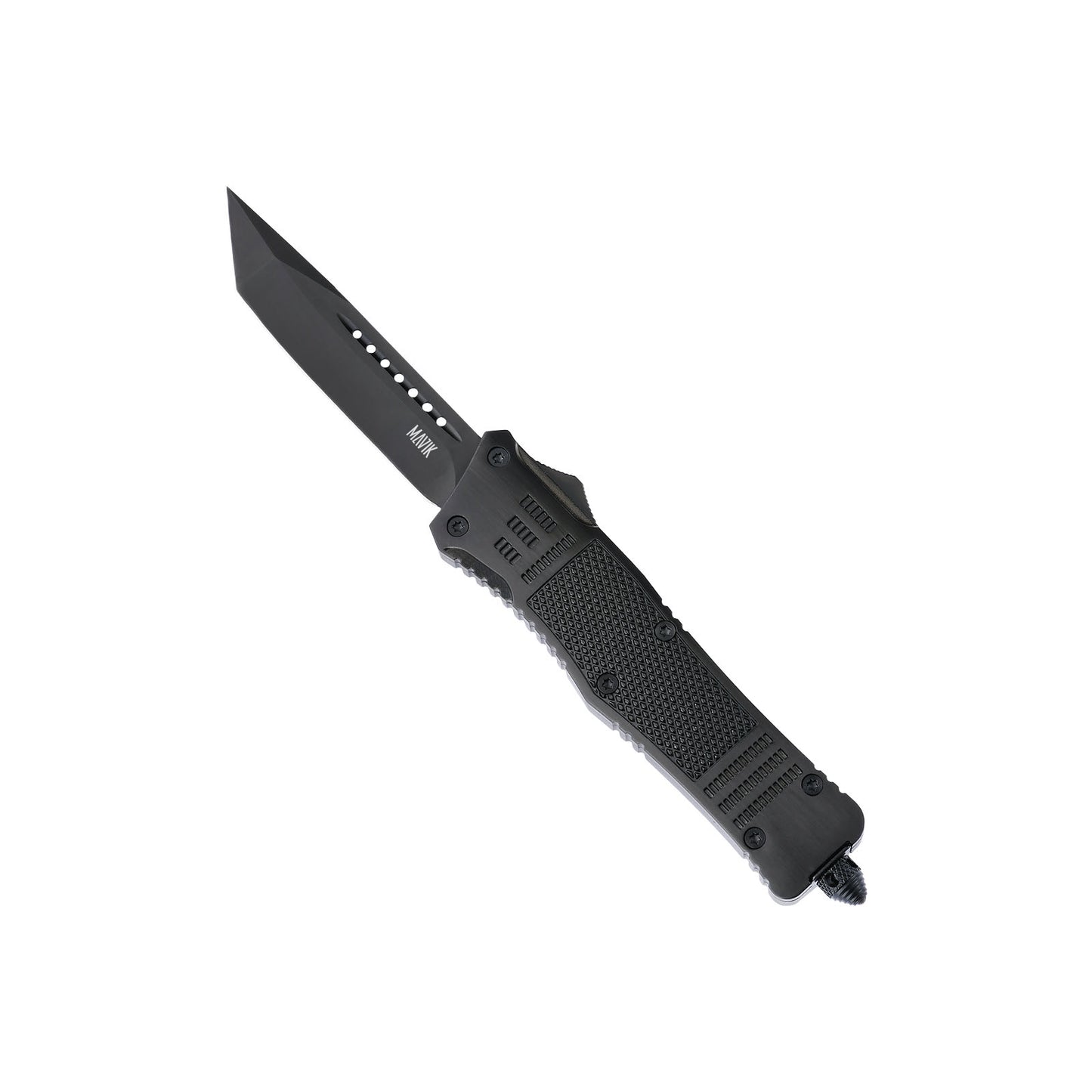 Raider large OTF knife with dual-action, tanto blade and textured Zinc Alloy handle for secure grip.