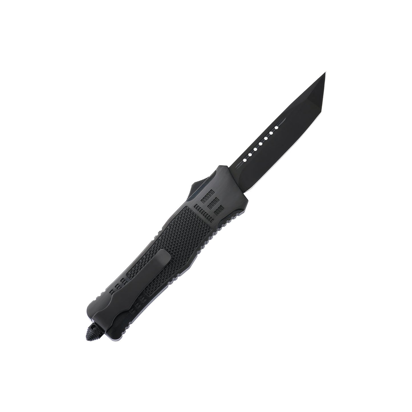 Raider large OTF knife with dual-action, tanto blade and textured Zinc Alloy handle for secure grip.