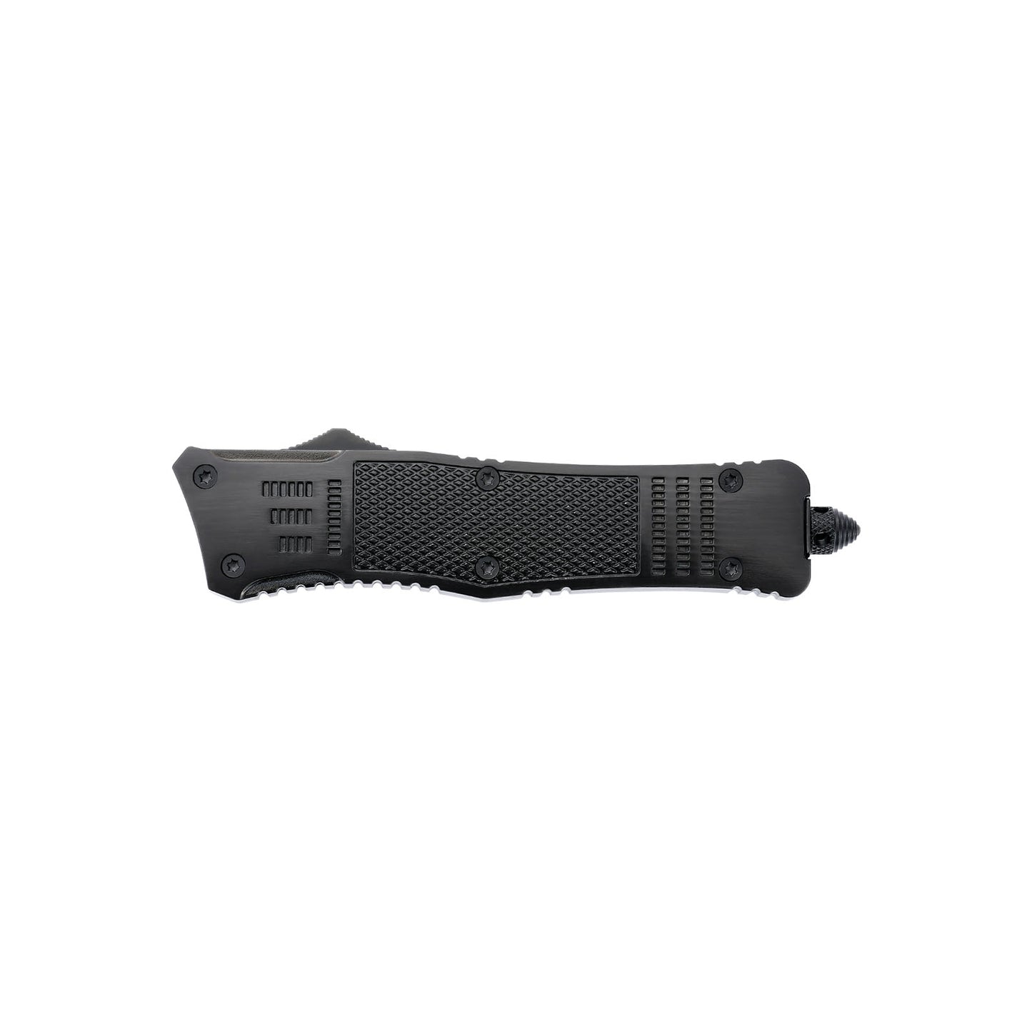 Raider large OTF knife with dual-action, tanto blade and textured Zinc Alloy handle for secure grip.