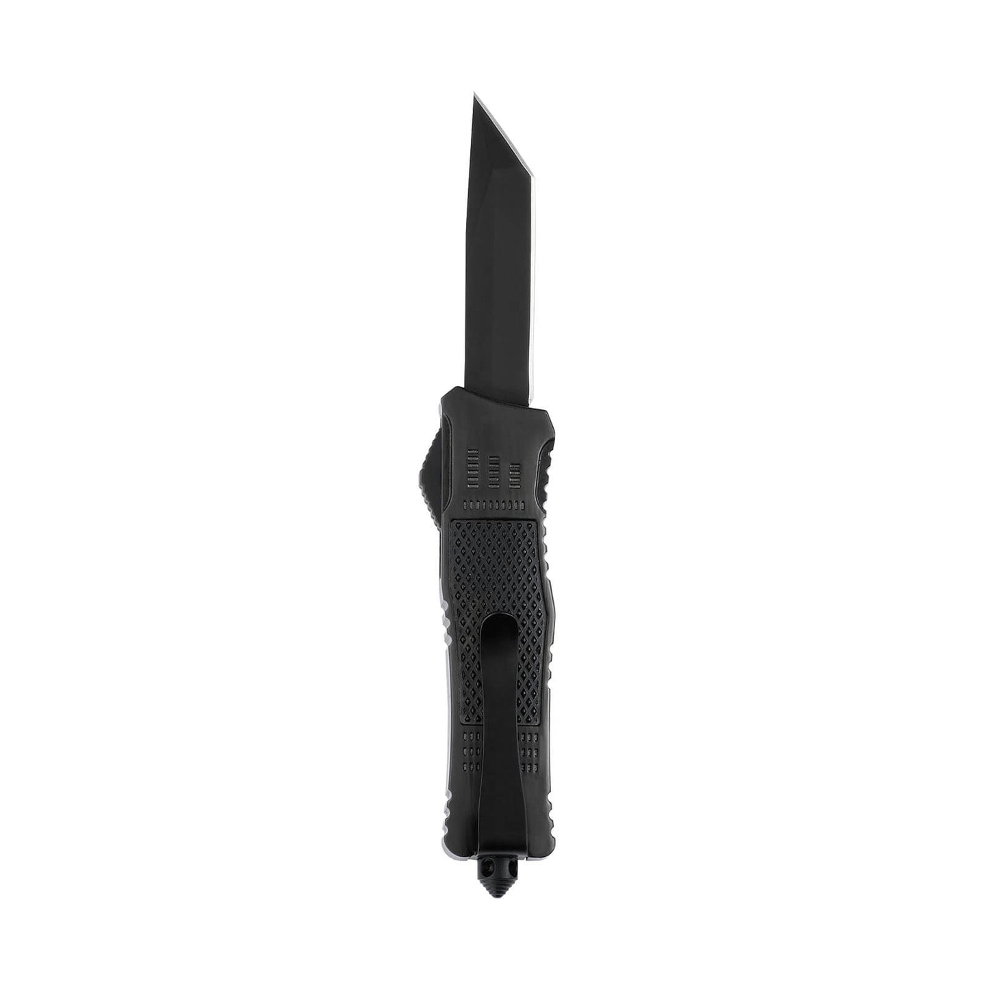 Raider small OTF knife with dual-action, tanto blade and textured Zinc Alloy handle for secure grip.