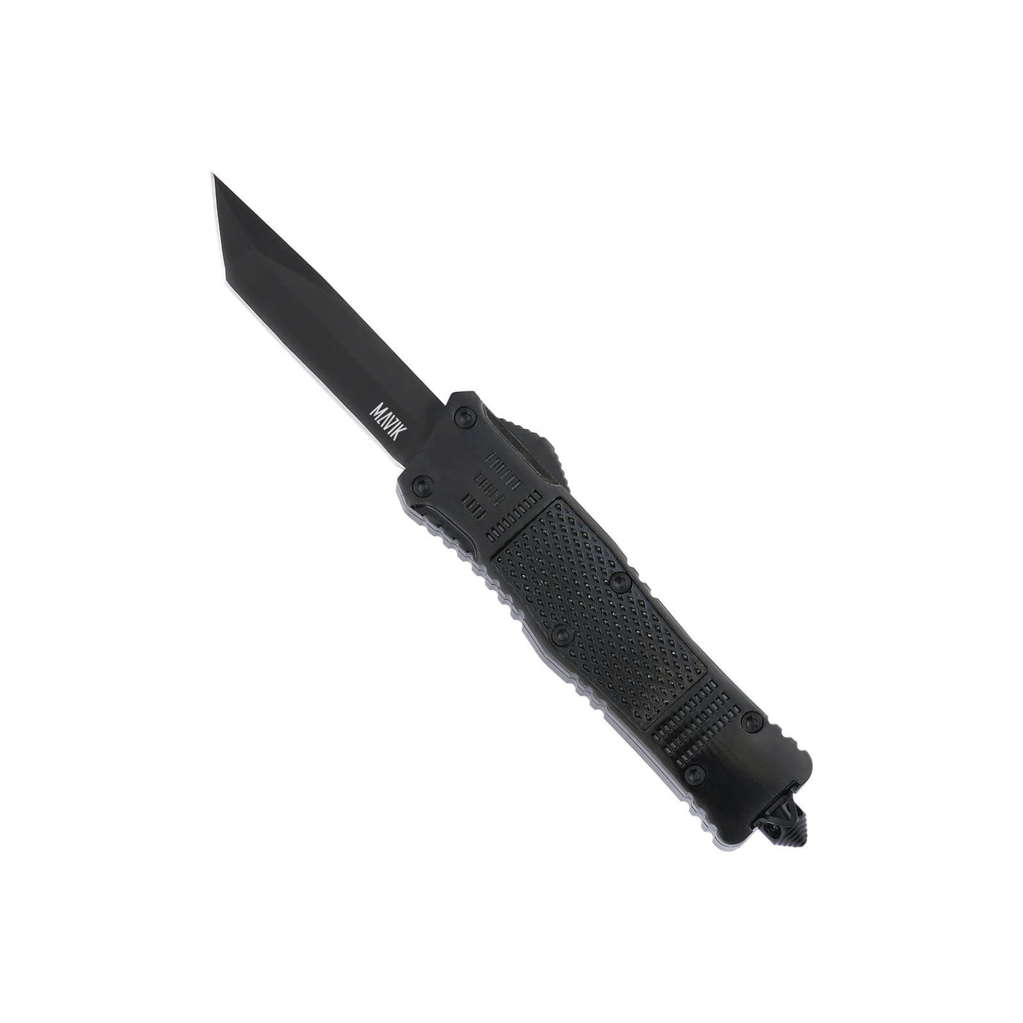 Raider small OTF knife with dual-action, tanto blade and textured Zinc Alloy handle for secure grip.