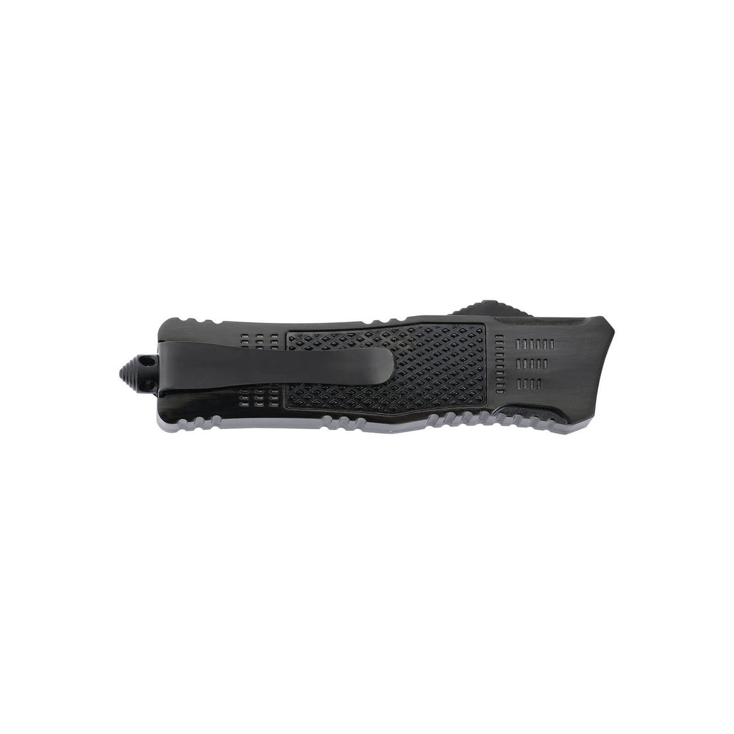 Raider small OTF knife with dual-action, tanto blade and textured Zinc Alloy handle for secure grip.