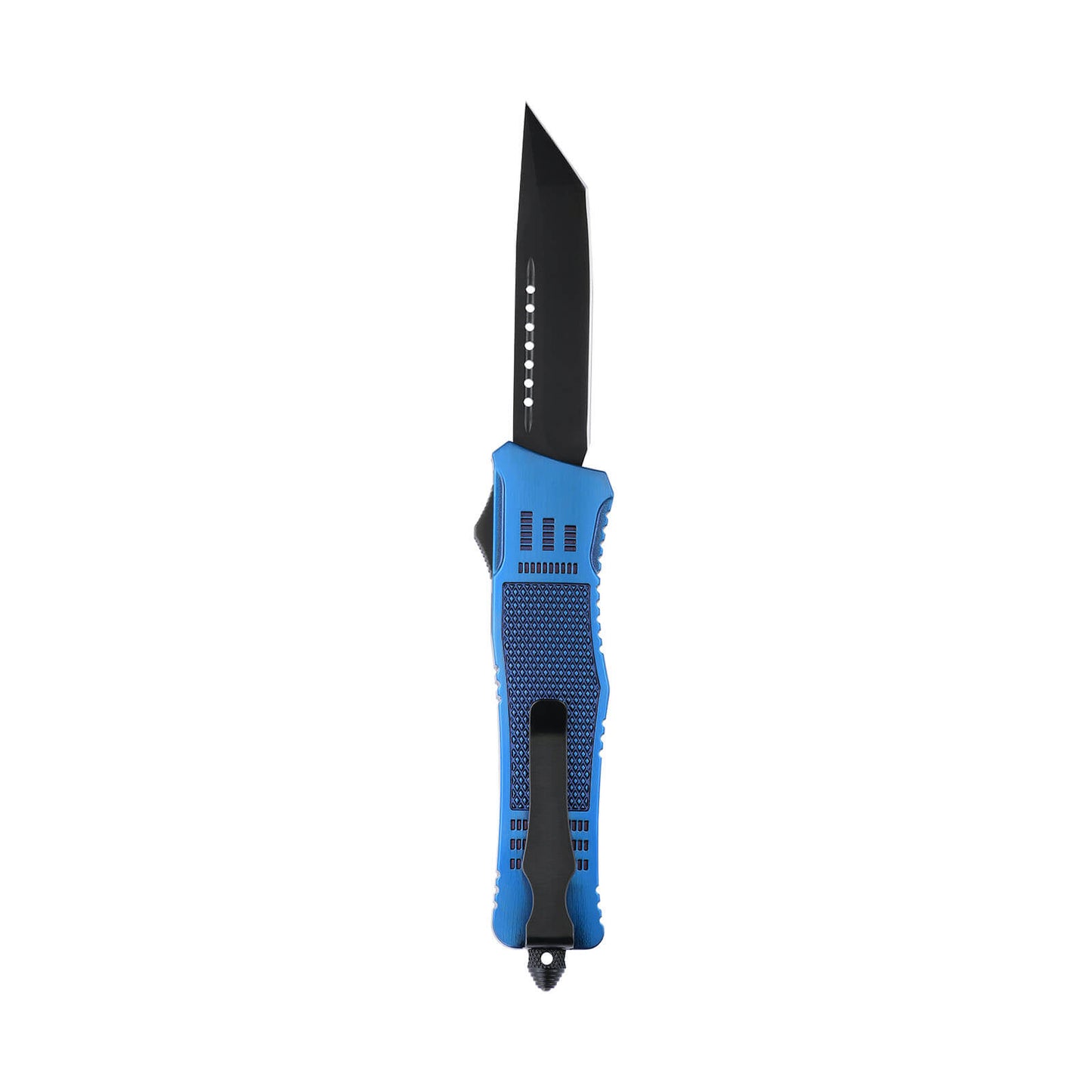 Raider large OTF knife with dual-action, tanto blade and textured Zinc Alloy handle for secure grip.