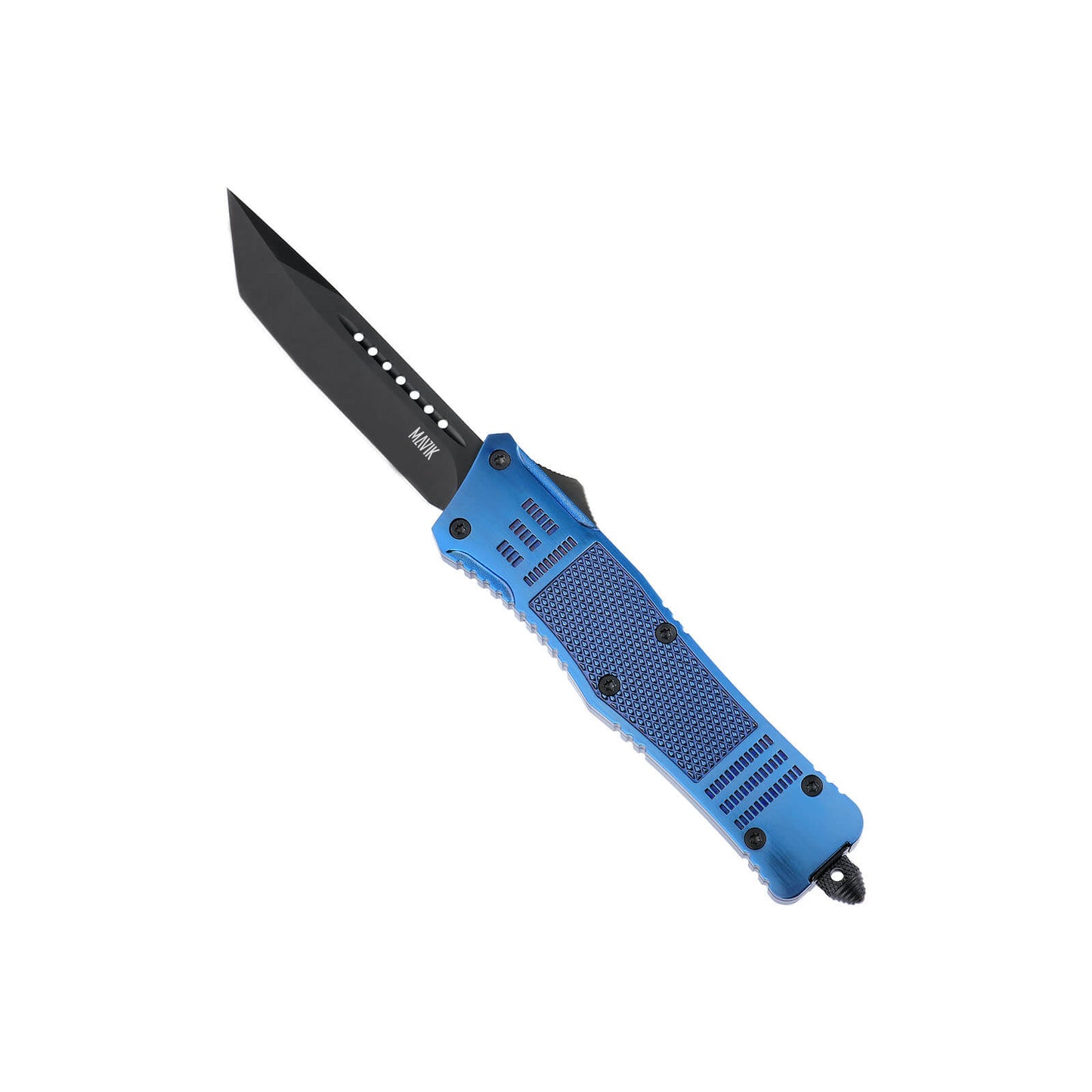 Raider large OTF knife with dual-action, tanto blade and textured Zinc Alloy handle for secure grip.