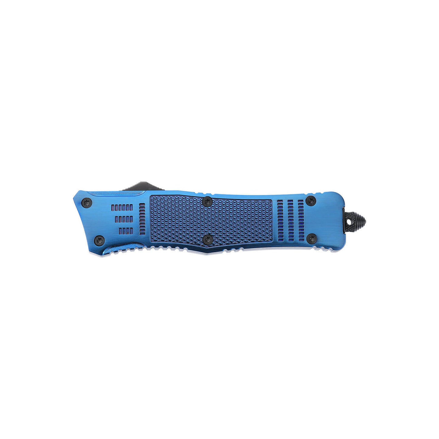 Raider large OTF knife with dual-action, tanto blade and textured Zinc Alloy handle for secure grip.