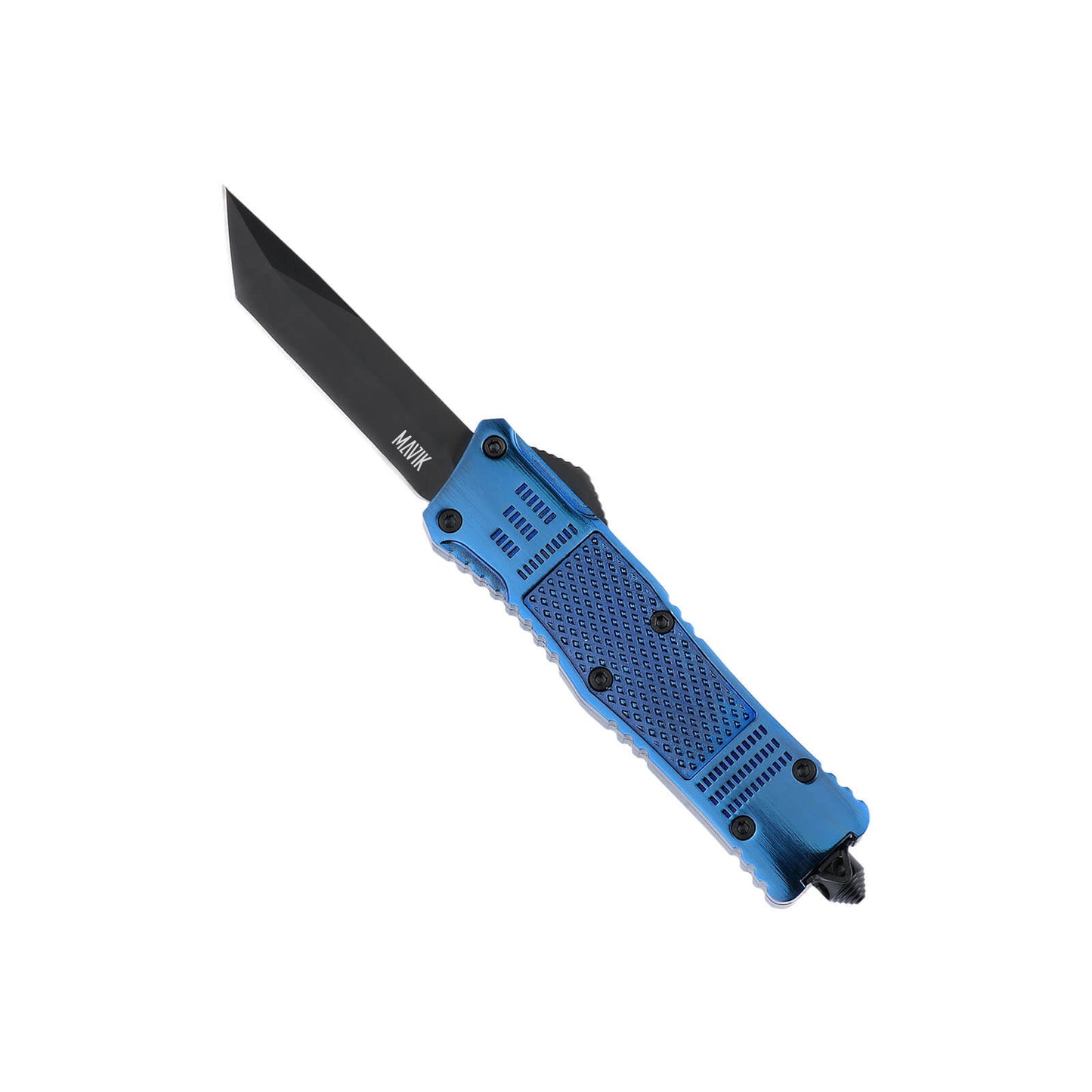 Raider small OTF knife with dual-action, tanto blade and textured Zinc Alloy handle for secure grip.