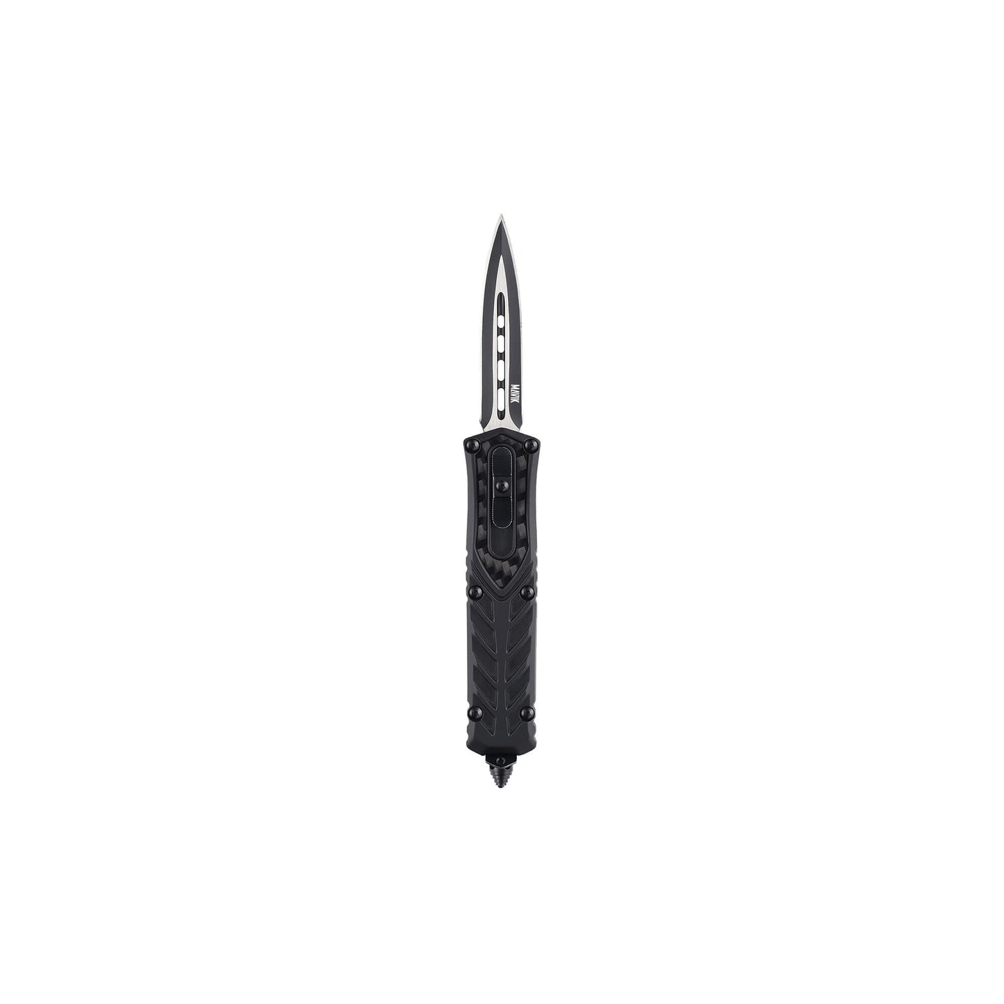 Black mini automatic OTF knife Ranger from Mavik Gear with double edge dagger blade, pocket clip and glass breaker.