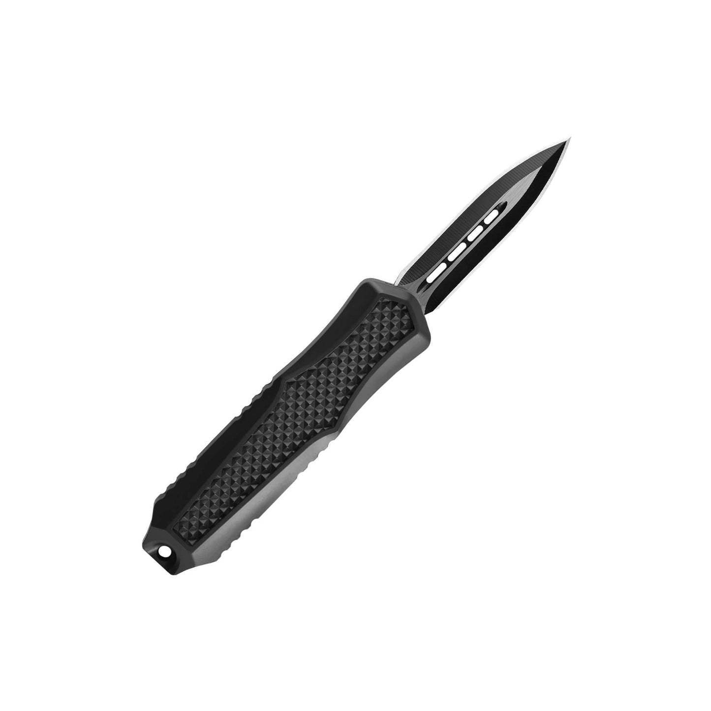 Black Automatic OTF knife Relik from Mavik Gear with spear point blade, Zinc alloy handle, button lock and lanyard hole.