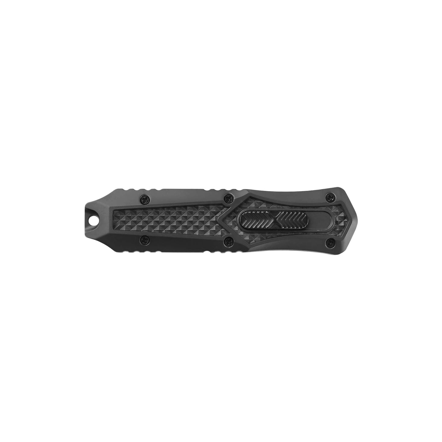 Black Automatic OTF knife Relik from Mavik Gear with spear point blade, Zinc alloy handle, button lock and lanyard hole.