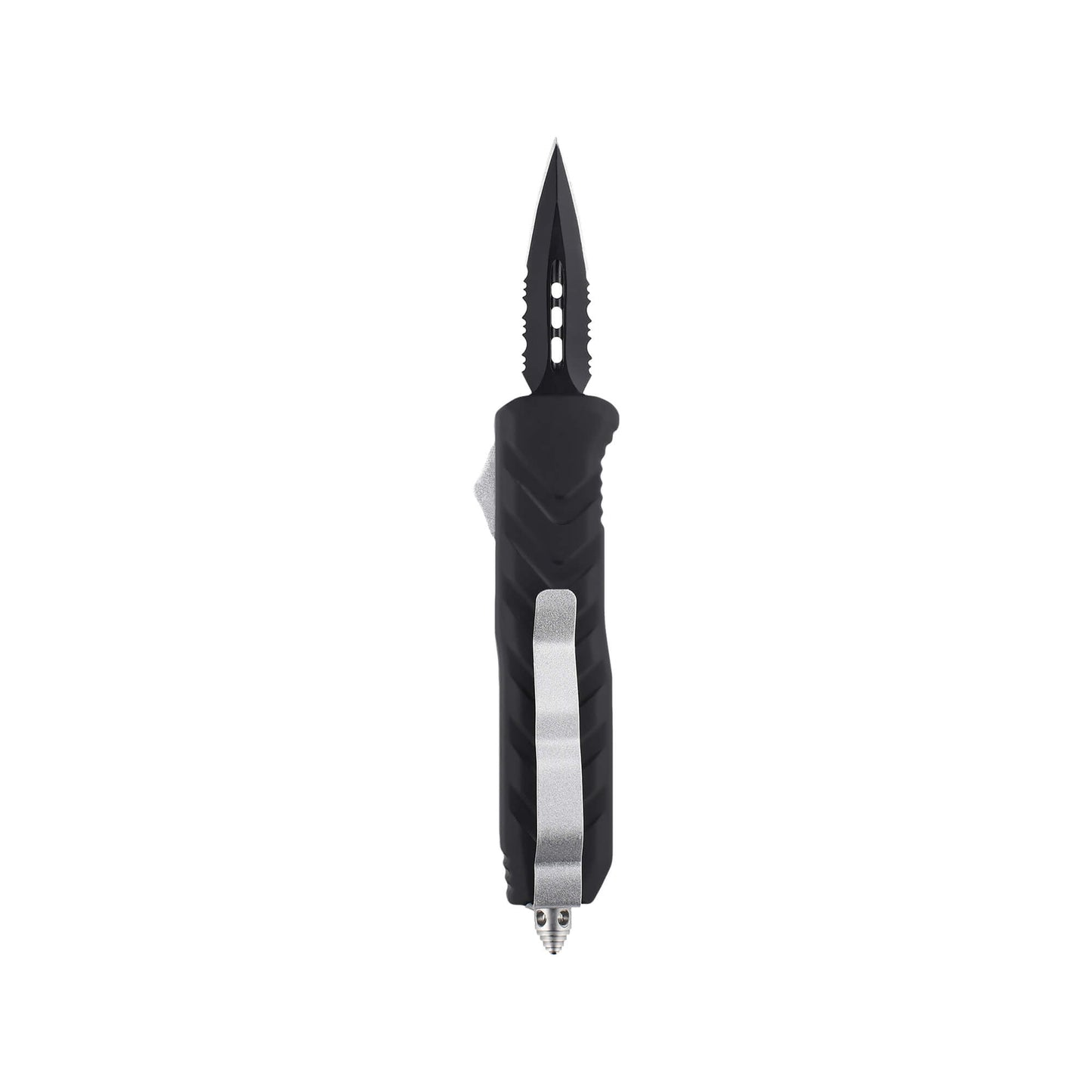 Black mini OTF automatic knife Tint from Mavik Gear with 440C serrated spear point blade and Zinc Aluminum textured handle.