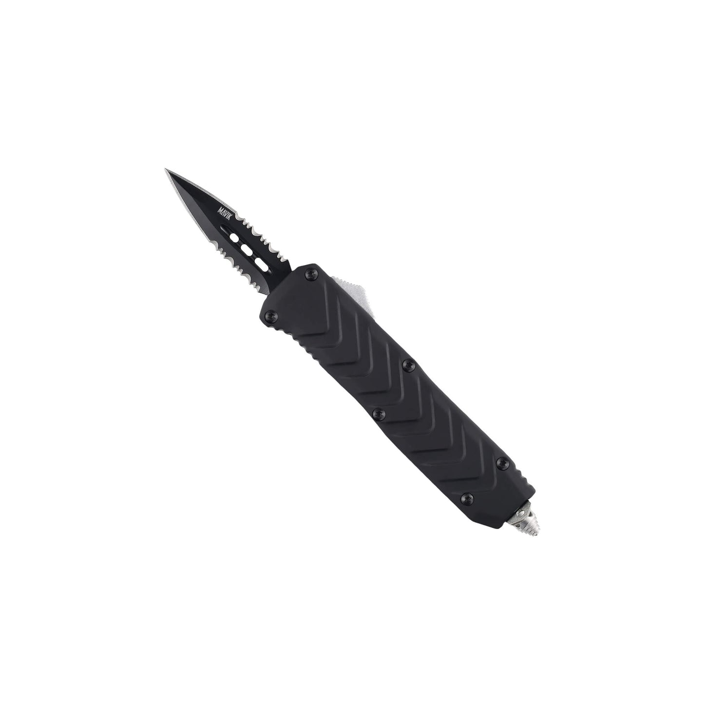 Black mini OTF automatic knife Tint from Mavik Gear with 440C serrated spear point blade and Zinc Aluminum textured handle.