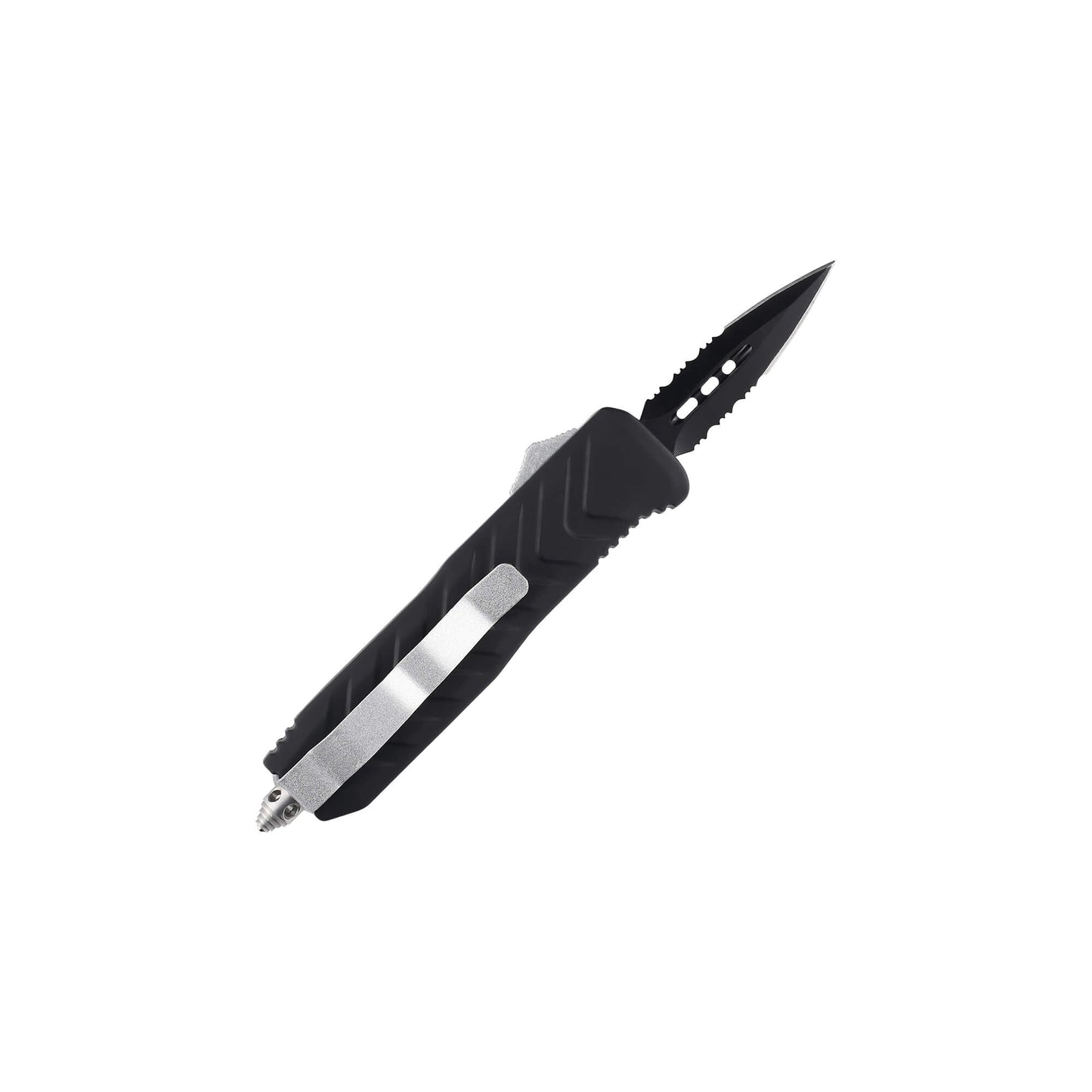 Black mini OTF automatic knife Tint from Mavik Gear with 440C serrated spear point blade and Zinc Aluminum textured handle.